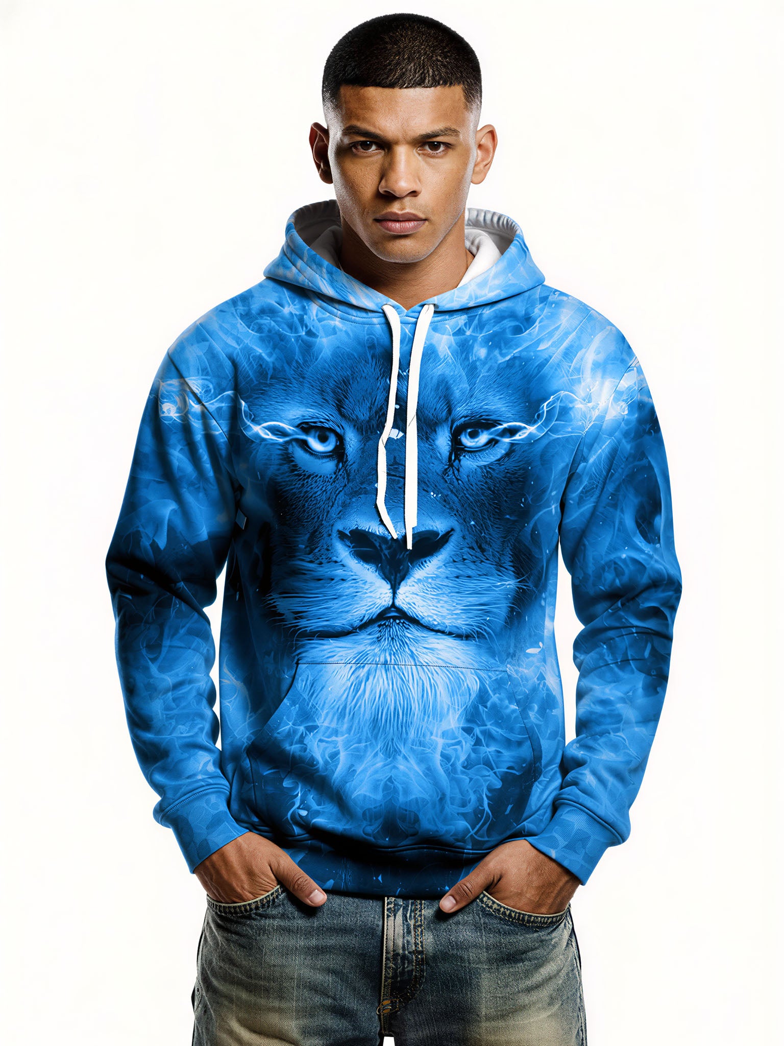 Blue Lion 3D All Over Print Hoodie for Men Women, Ice Fire Graphic Pullover Sweatshirt