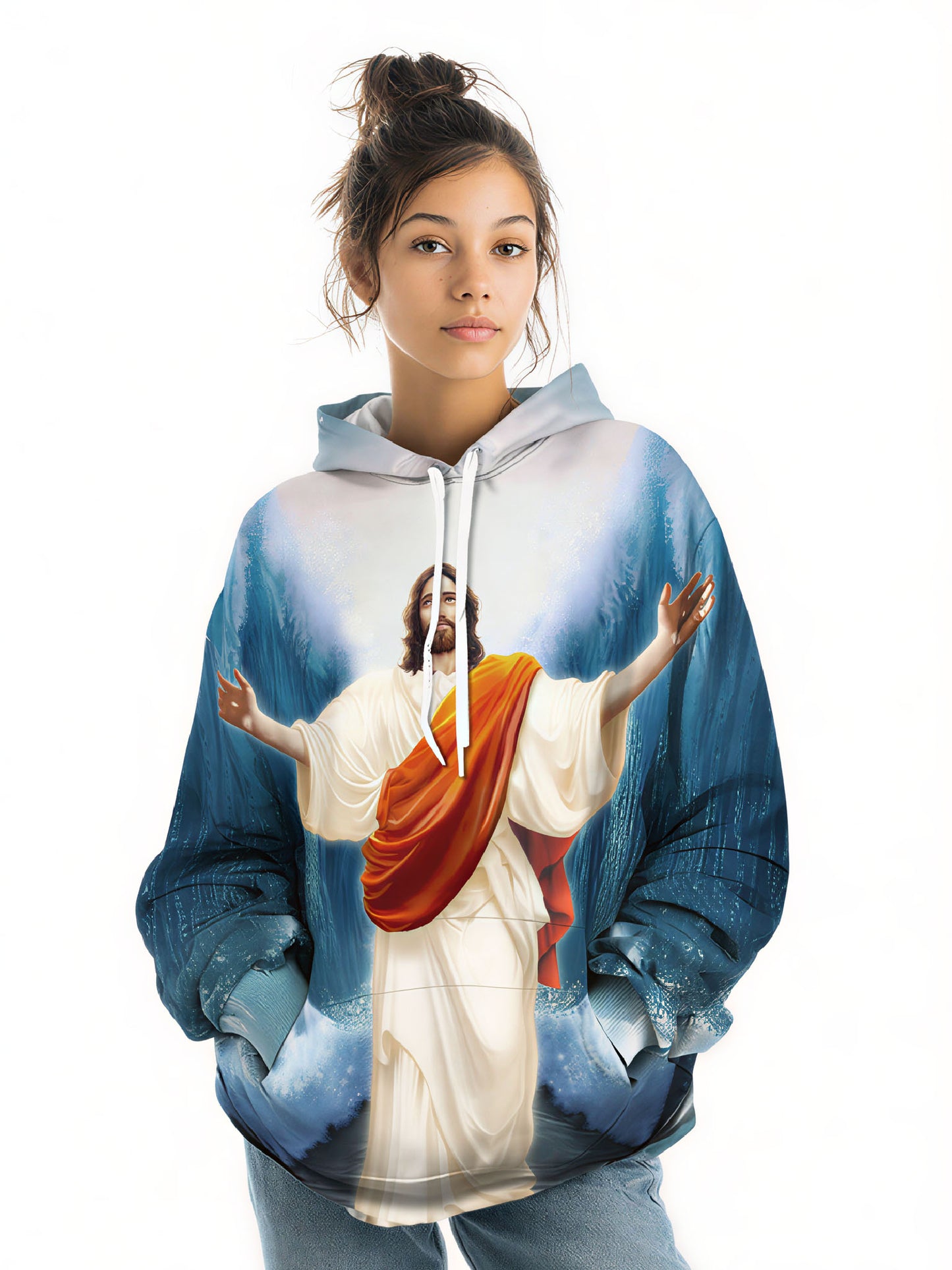 Hoodie 3D All Over Print Jesus On Waves Unisex Streetwear Cotton Blend Comfortable Fit