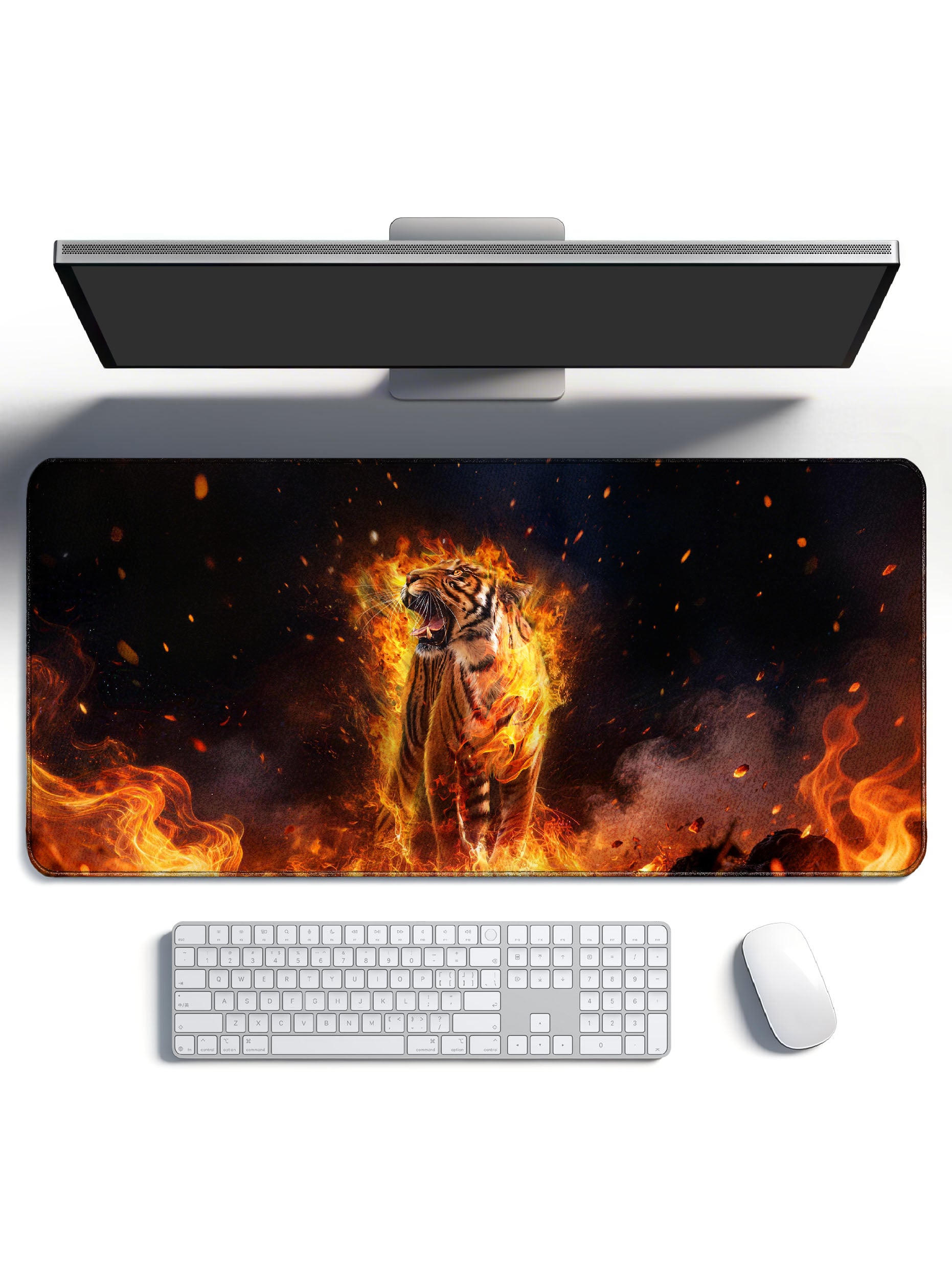 Flaming Tiger Standing Tall In Burning Ashes Large Desk Mat
