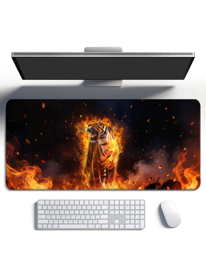 Flaming Tiger Standing Tall In Burning Ashes Large Desk Mat