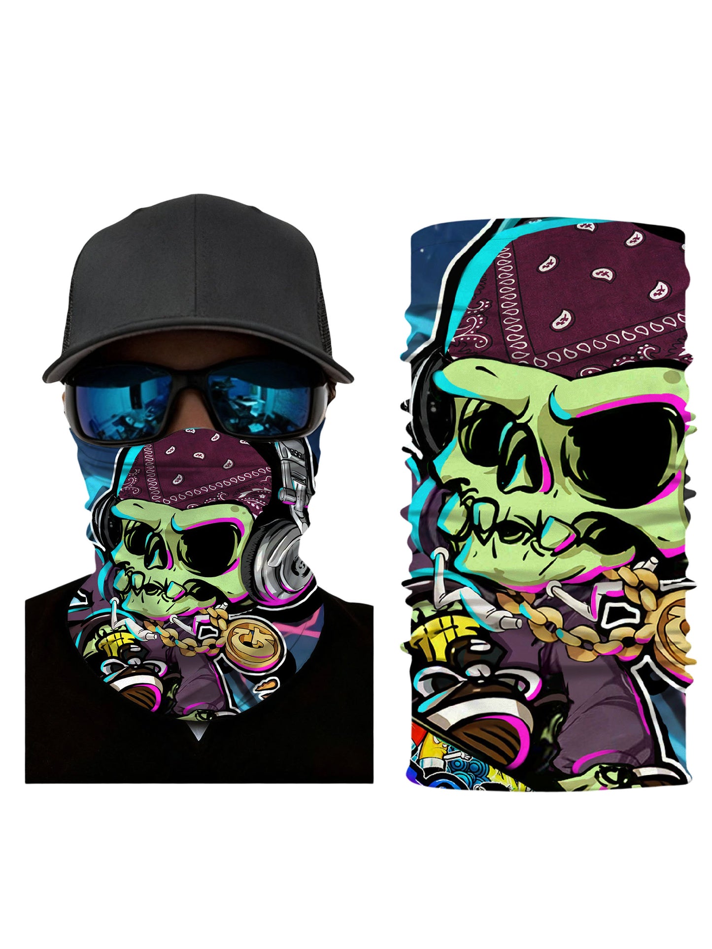 Streetwear graffiti skull 3D all over print tube face mask for men women, soft stretchy breathable fabric with UV protection and windproof design