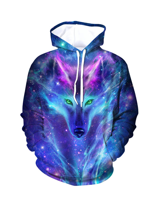 Galaxy Wolf 3D All Over Print Hoodie, Unisex Cosmic Space Graphic Pullover Sweatshirt Streetwear