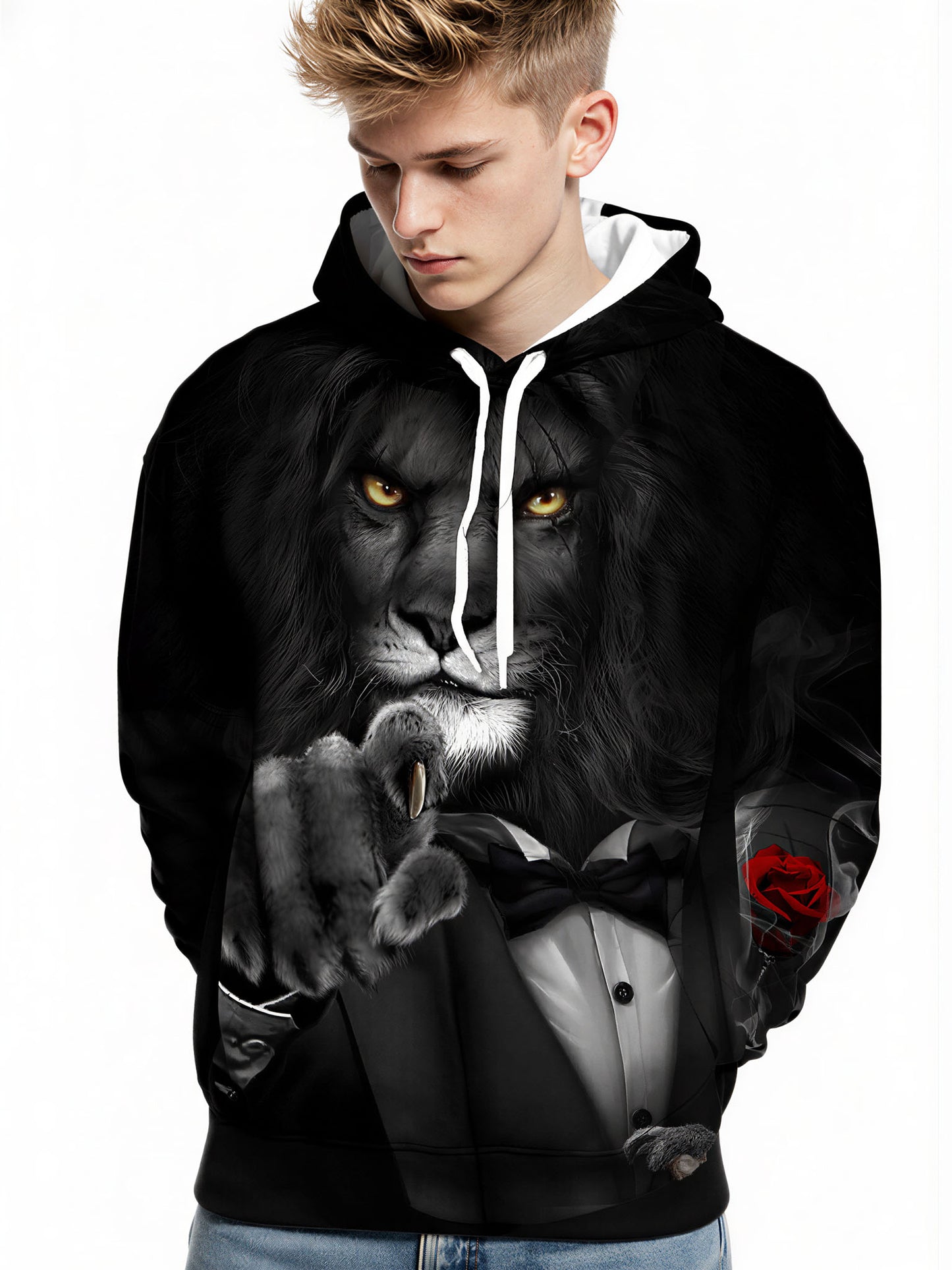 Lion in Tuxedo 3D All Over Print Hoodie for Men Women with Red Rose Style