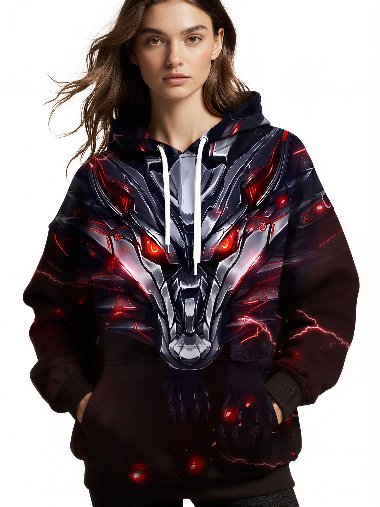 Men Women 3D All Over Print Dragon Hoodie with Red Lightning Glow Design
