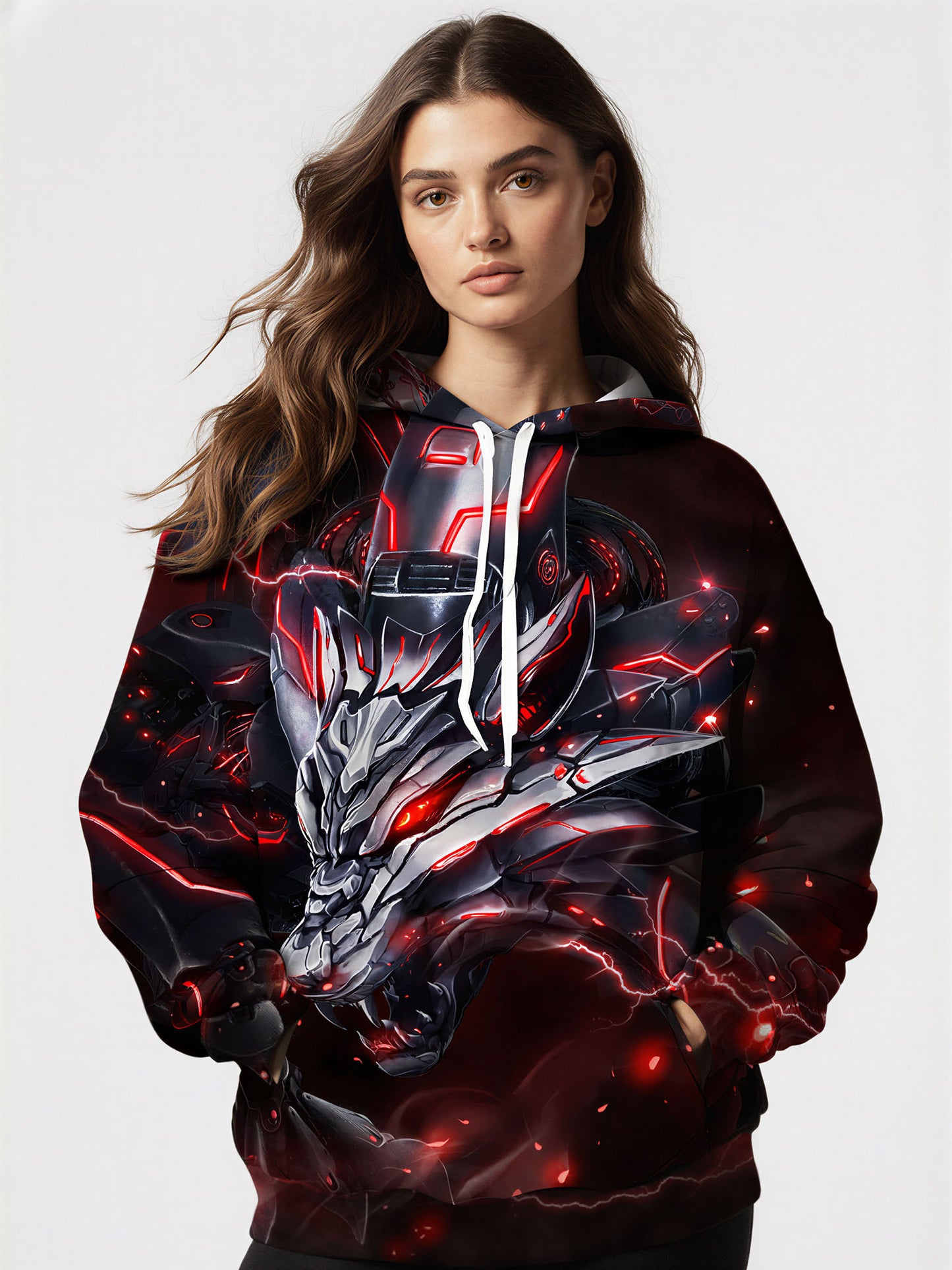 3D Cyber Wolf with Neon Red Lightning All Over Print Design Hoodie For Men Women