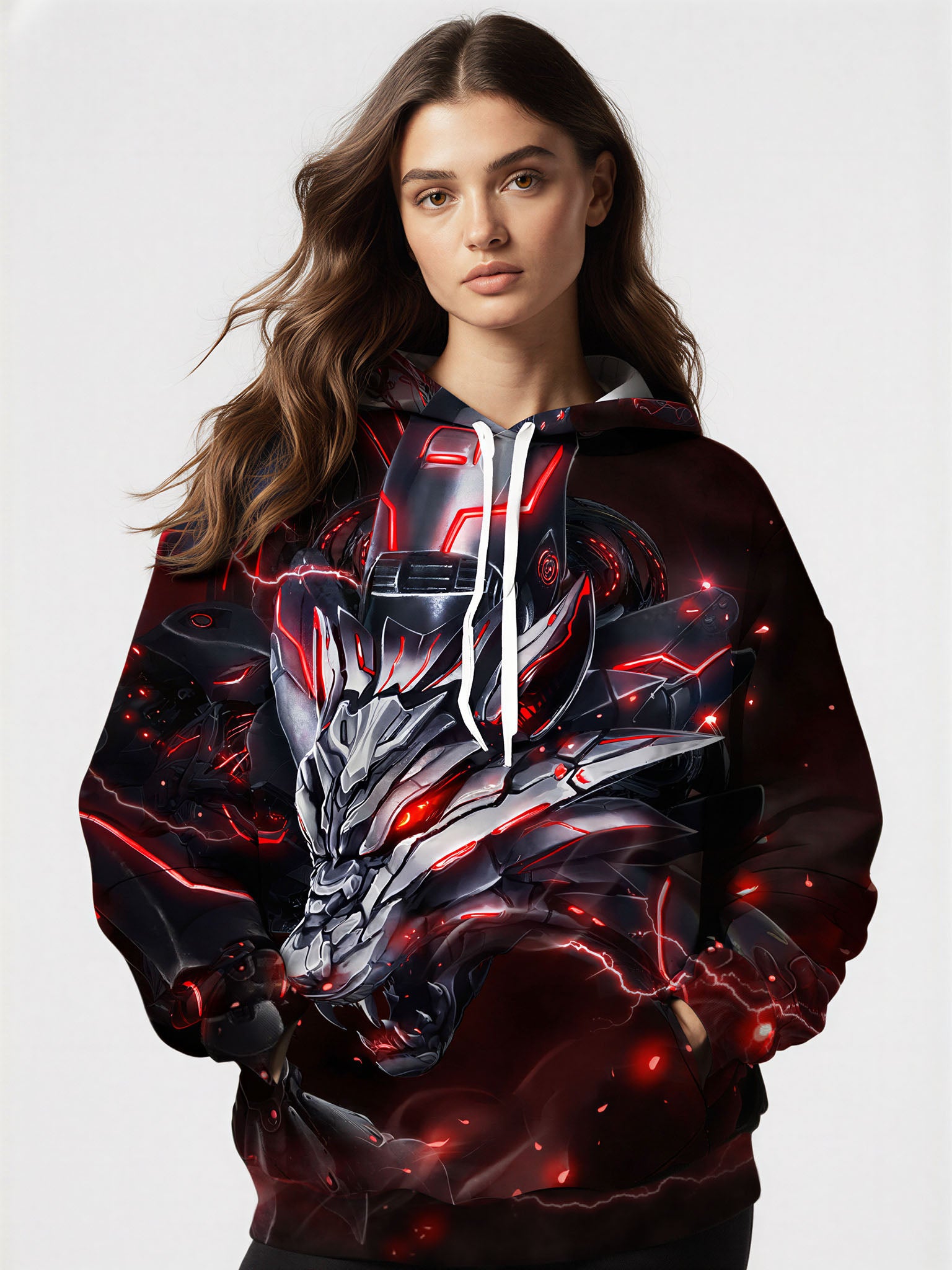 3D Cyber Wolf with Neon Red Lightning All Over Print Design Hoodie For Men Women