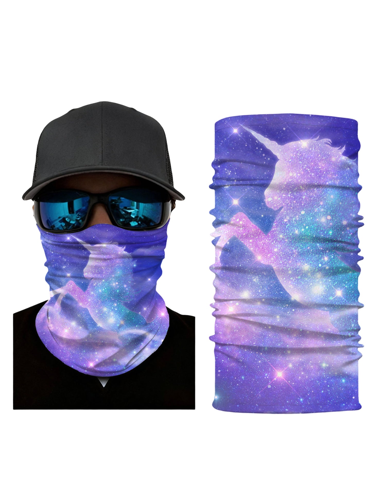 Neck Gaiter with 3D all over print galaxy nebula unicorn design, Aesthetic style, unisex, breathable fabric, soft stretchy, UV protection for outdoor activities
