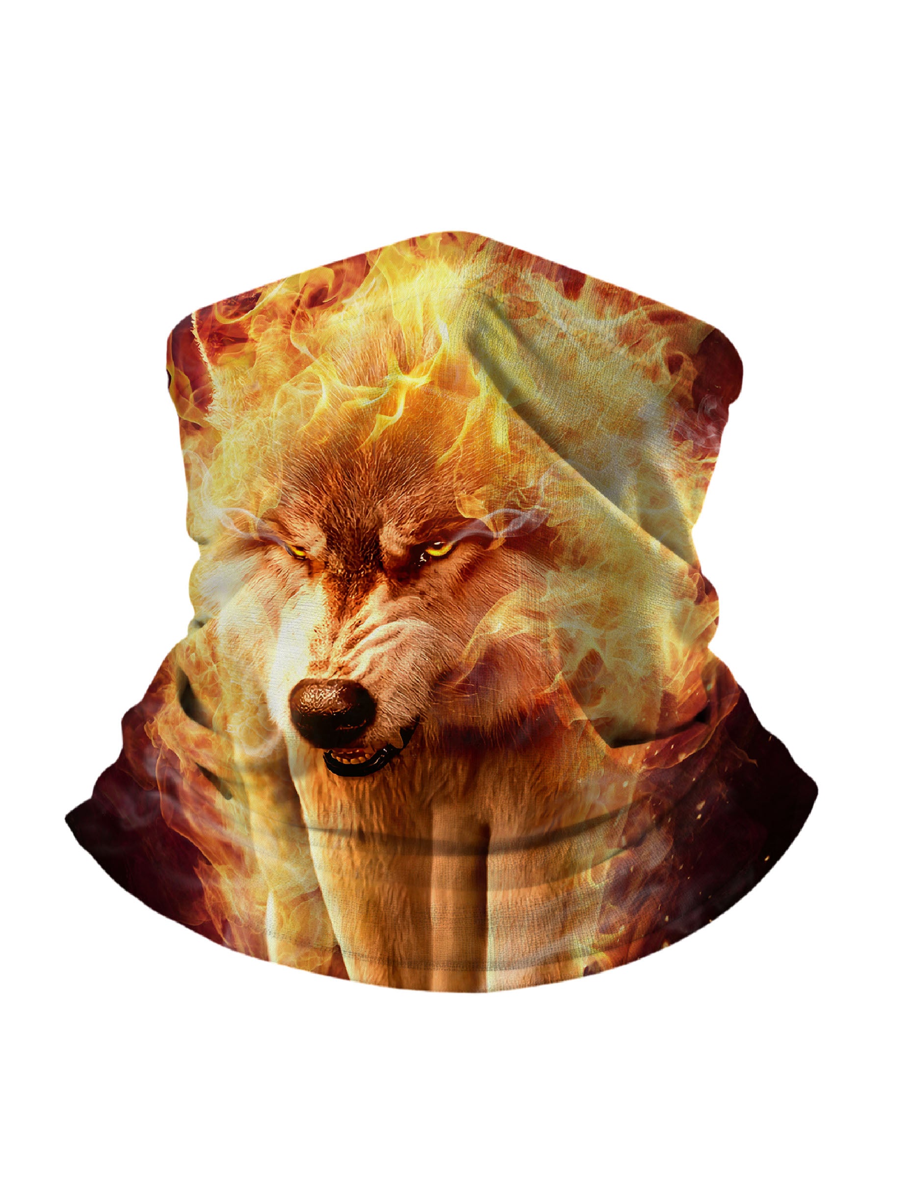Tube Face Mask with 3D all over print fiery wolf design, Streetwear aesthetic unisex neck gaiter, soft stretchy breathable fabric for outdoor sports