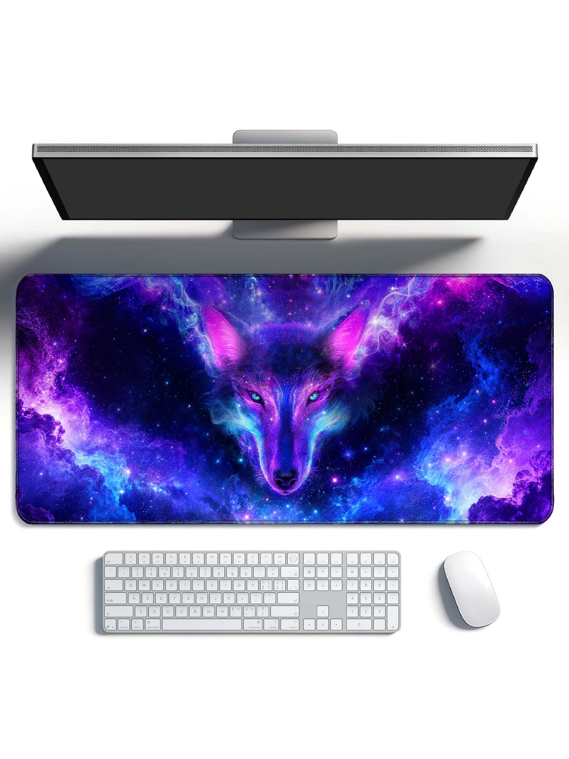 Front Facing Cosmic Wolf With Nebula & Glowing Eyes Desk Mat