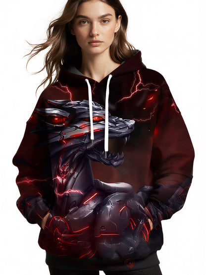 3D Cyber Wolf Hoodie with Lightning Red Glow Design All Over Print For Men Women
