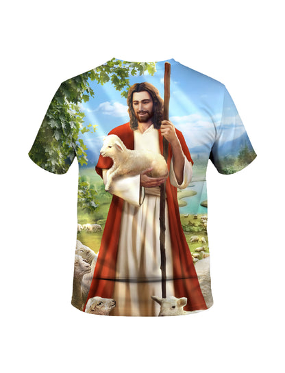 Jesus Shepherd 3D All Over Print T-Shirt for Men Women, Faithful Lamb Graphic Religious Streetwear