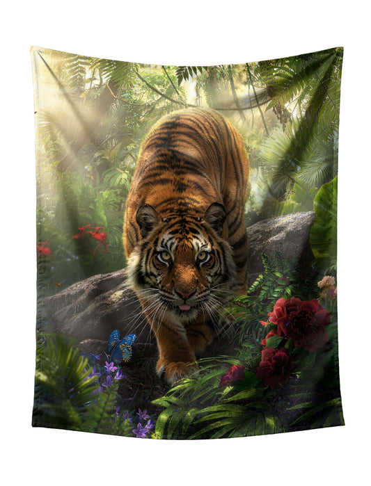 Majestic Tiger Walking Confidently Through Lush Tropical Jungle Tapestry - Energetic Wildlife Wall Hanging for Vibrant Home Decor