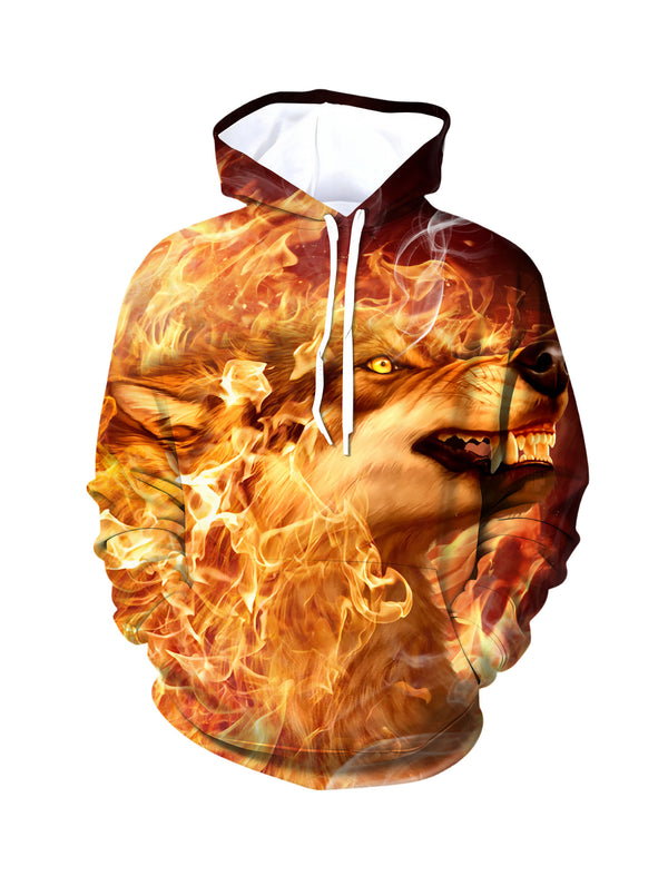 Flaming Wolf Graphic Hoodie 3D Orange Fire Print Unisex Oversized Streetwear Sweatshirt for Men Women