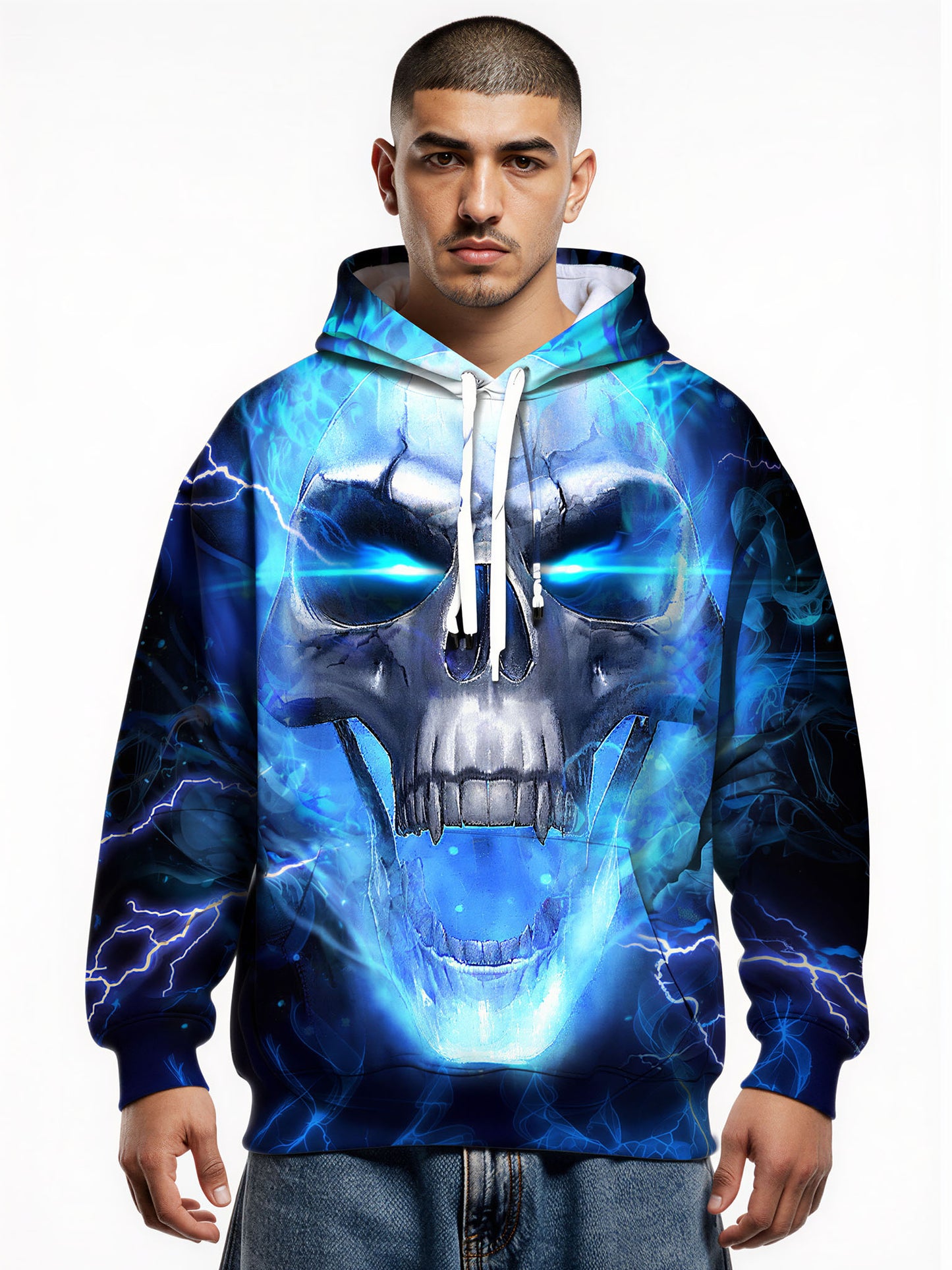 Men Women 3D All Over Print Skull Lightning Hoodie Glow Blue Horror Style Sweatshirt