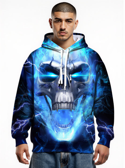 Men Women 3D All Over Print Skull Lightning Hoodie Glow Blue Horror Style Sweatshirt