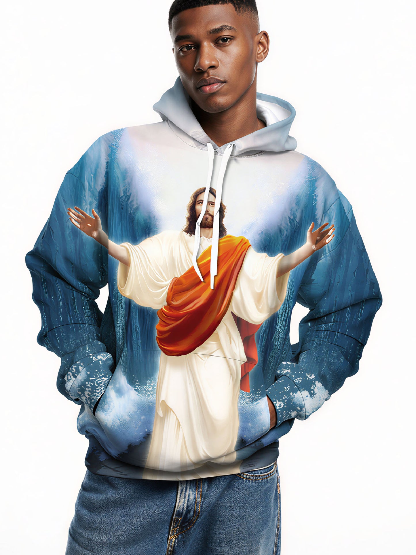 Hoodie 3D All Over Print Jesus On Waves Unisex Streetwear Cotton Blend Comfortable Fit