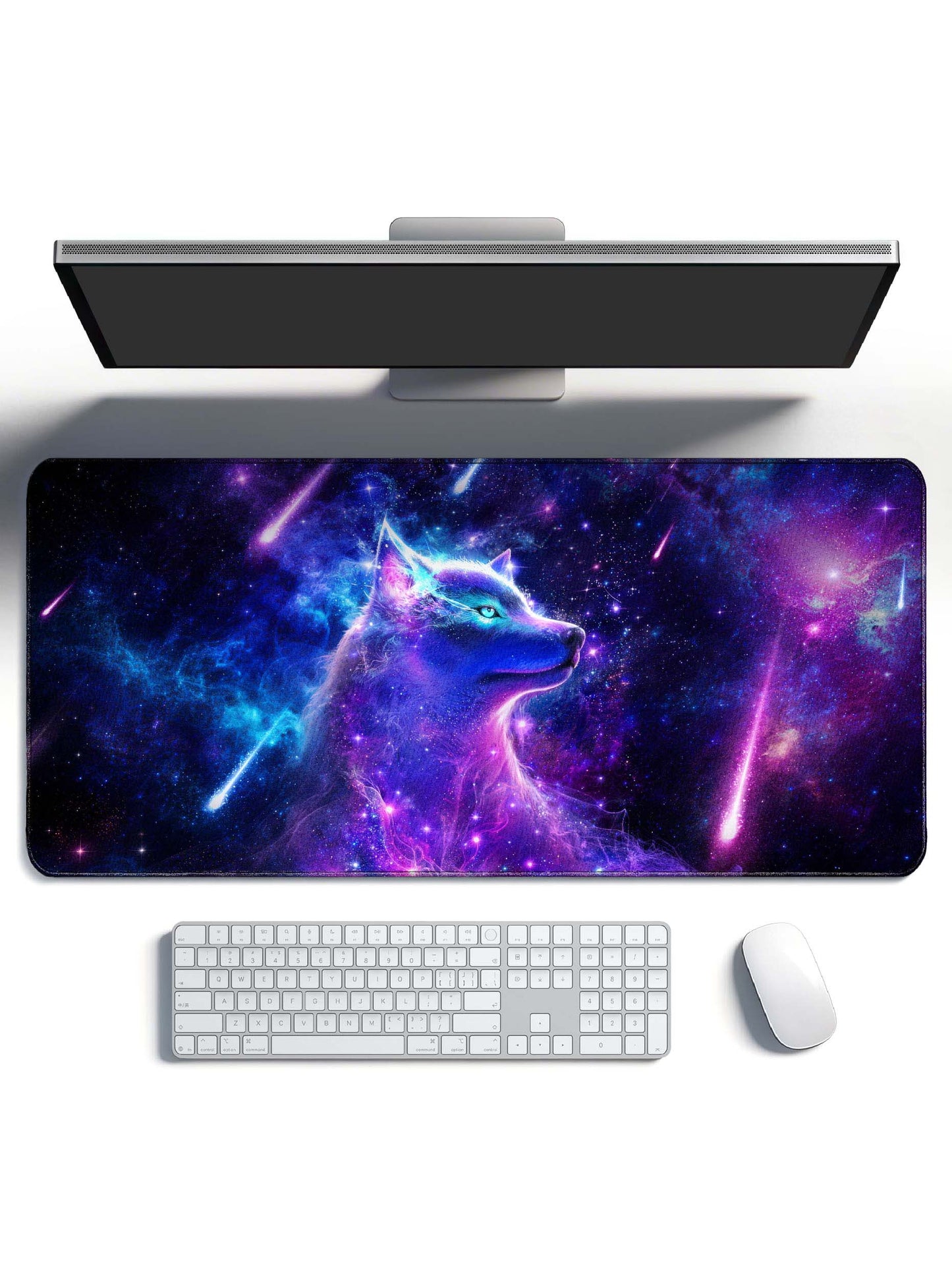 Side Profile Cosmic Wolf With Shooting Stars & Nebula Desk Mat