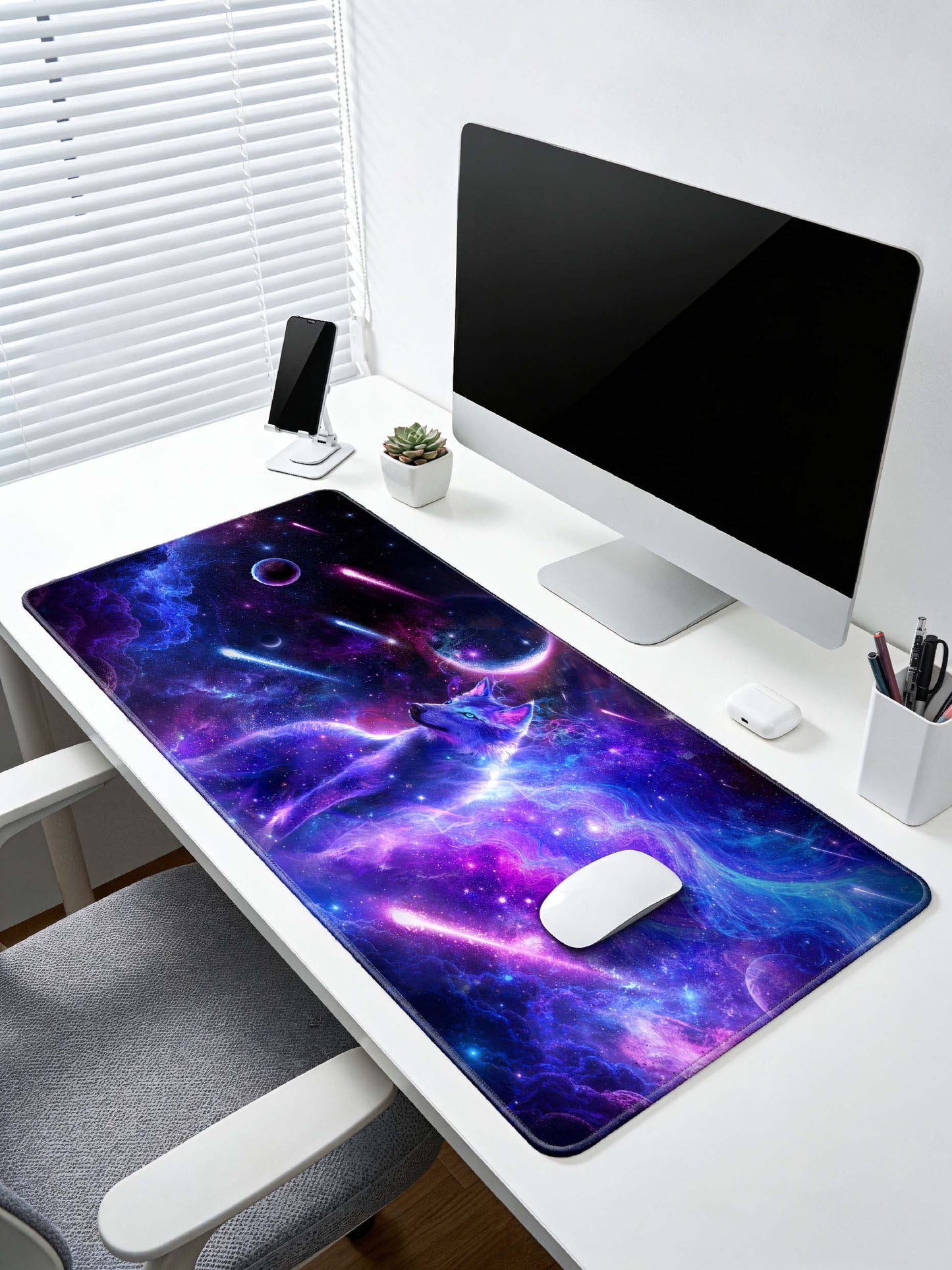 Standing Cosmic Wolf With Planets & Shooting Meteors Desk Mat