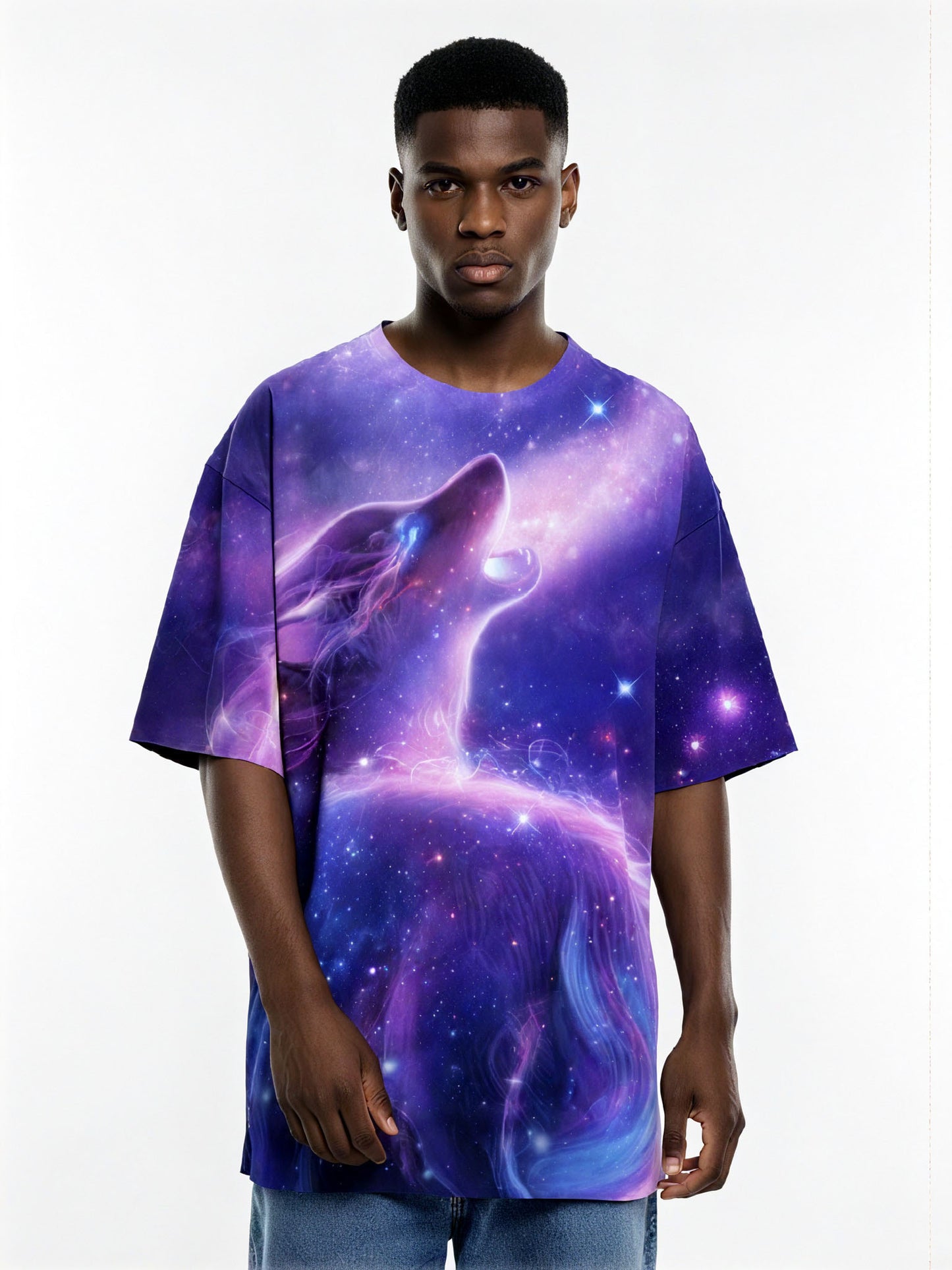 3D All Over Print Wolf Galaxy T-Shirt for Men Women, Cosmic Space Graphic Pullover Sweatshirt