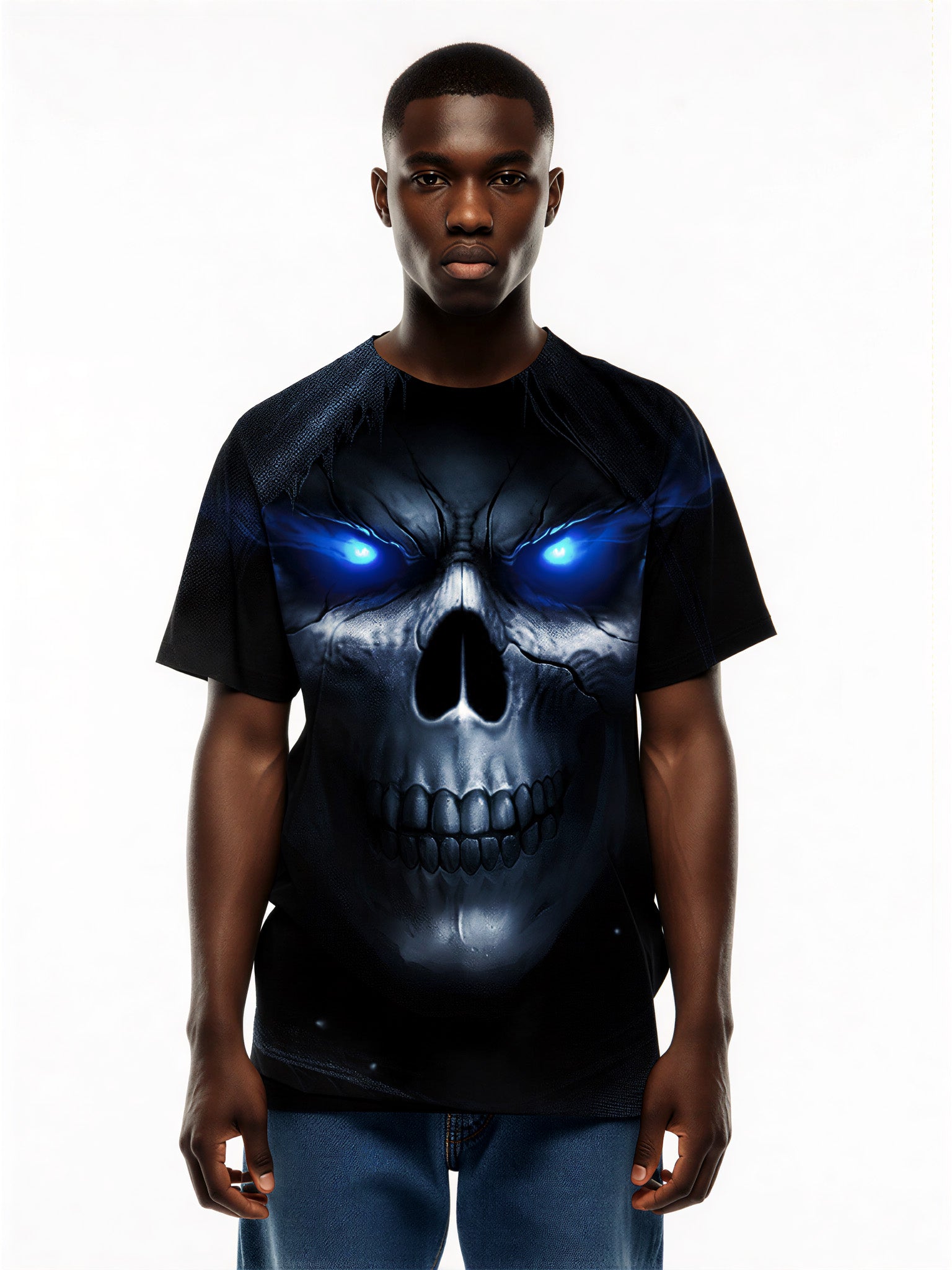 3D All Over Print Skull T-Shirt with Glowing Blue Eyes for Men Women, Gothic Streetwear Style
