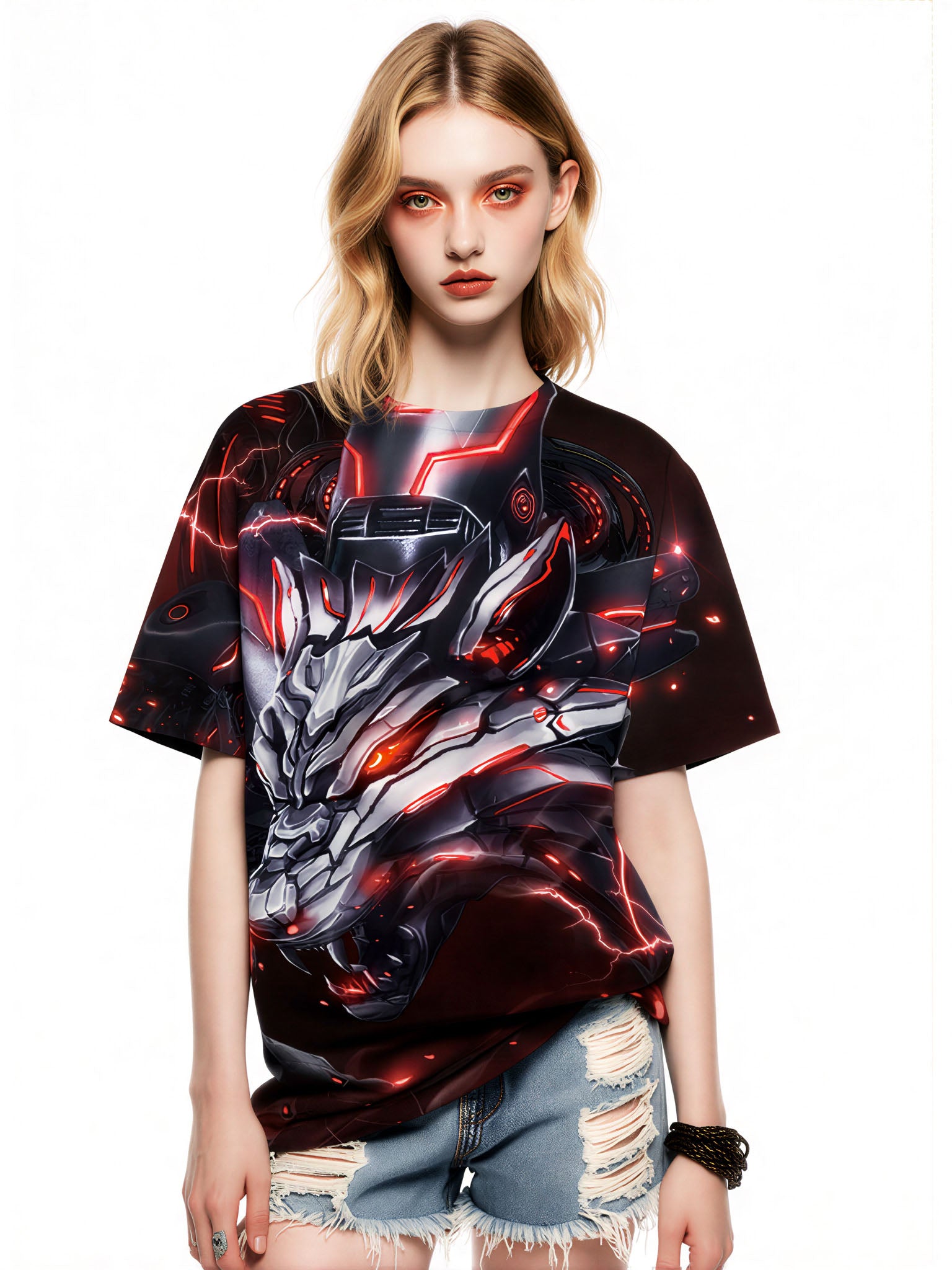 Men Women 3D All Over Print Cyber Dragon T-Shirt Glow Red Lightning Graphic Pullover