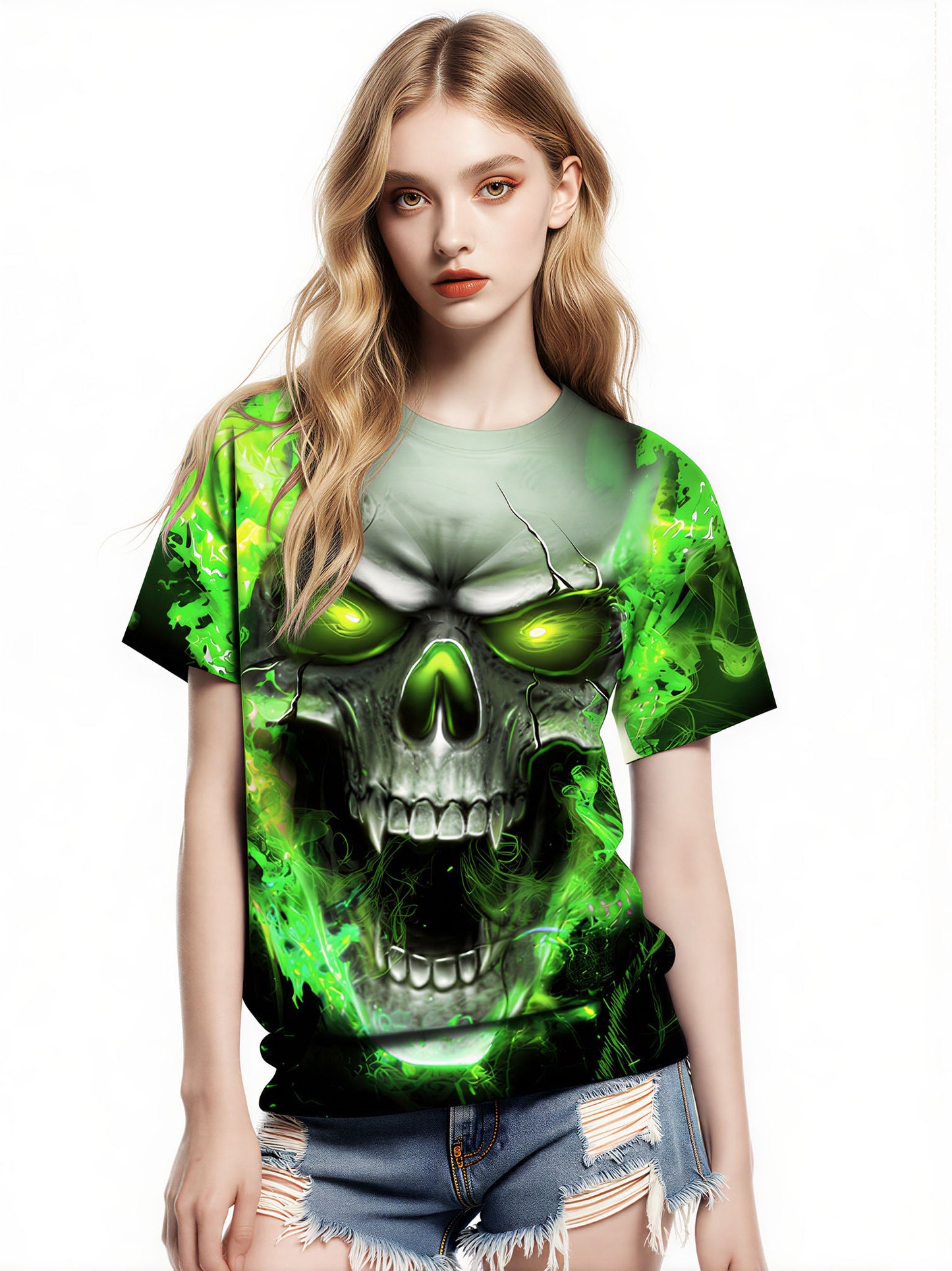 Men Women 3D All Over Print Skull Green Flame T-Shirt Graphic Sweatshirt