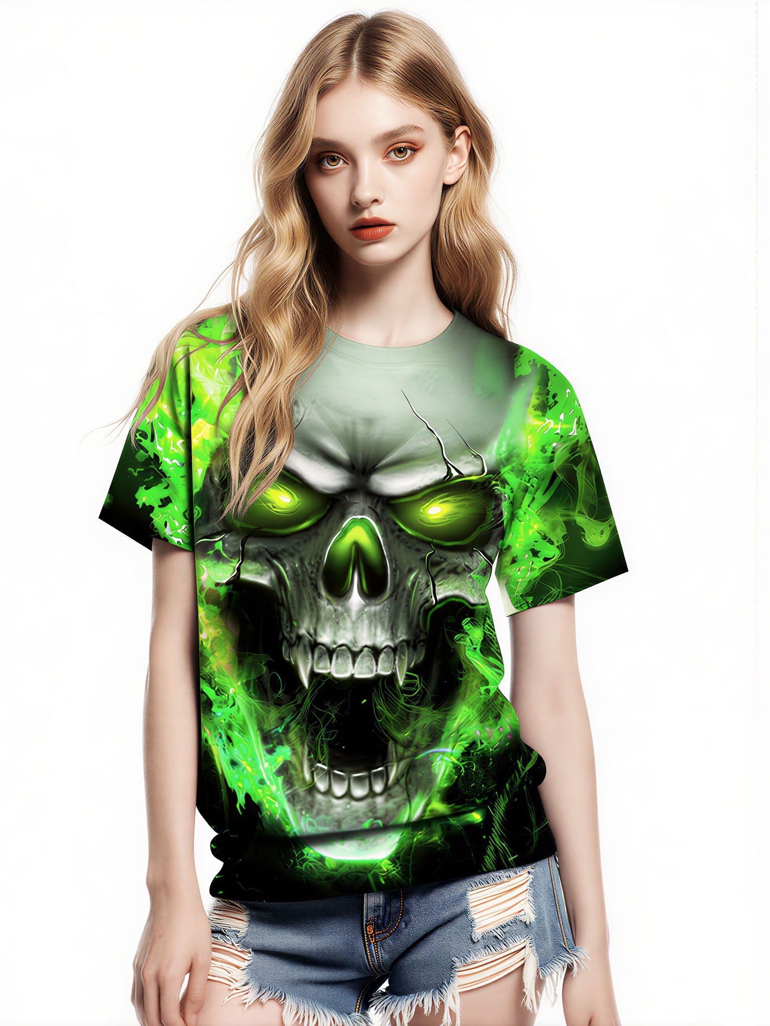Men Women 3D All Over Print Skull Green Flame T-Shirt Graphic Sweatshirt