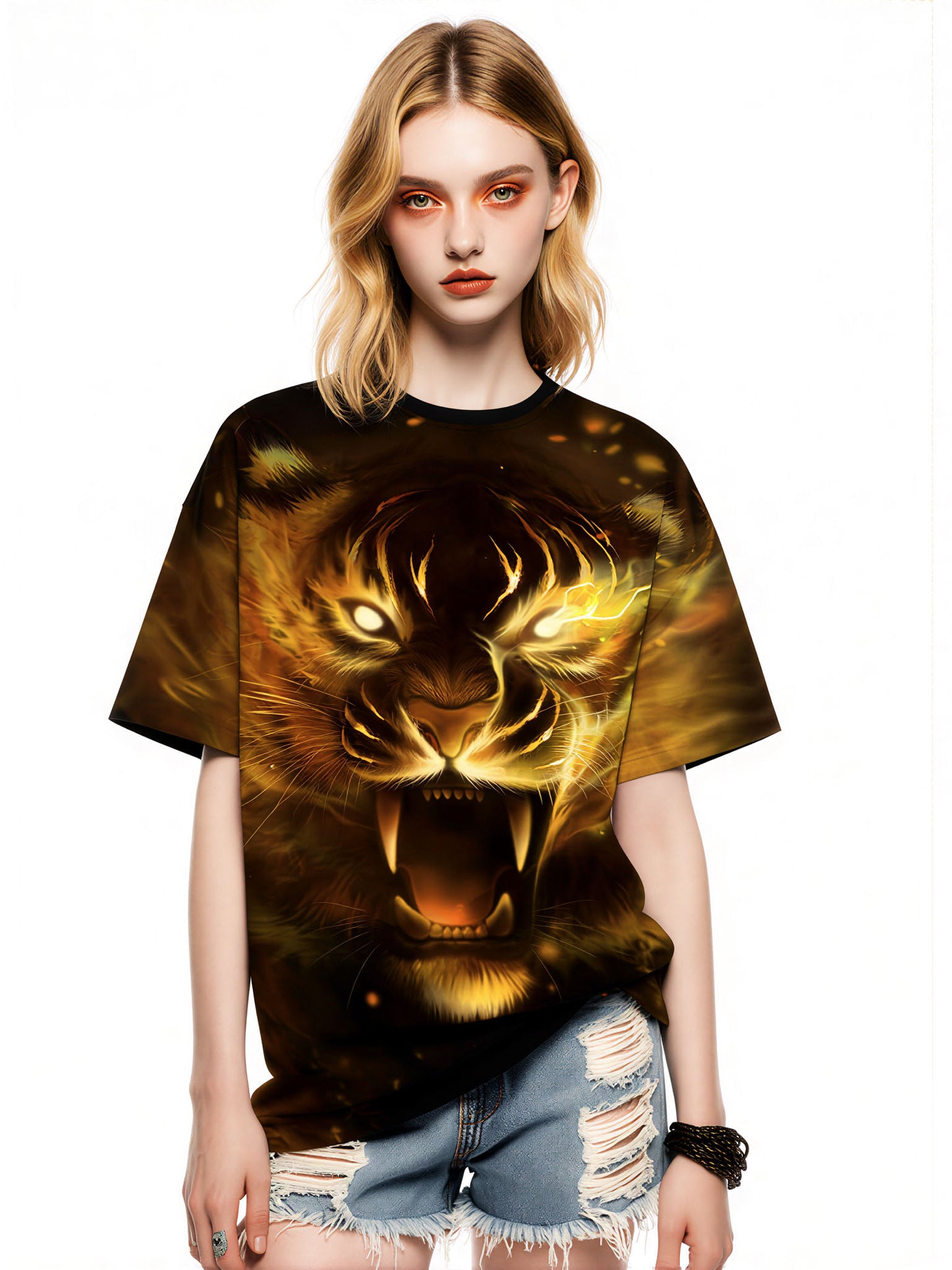 Men Women 3D All Over Print Tiger T-Shirt Fire Roar Graphic Pullover Sweatshirt