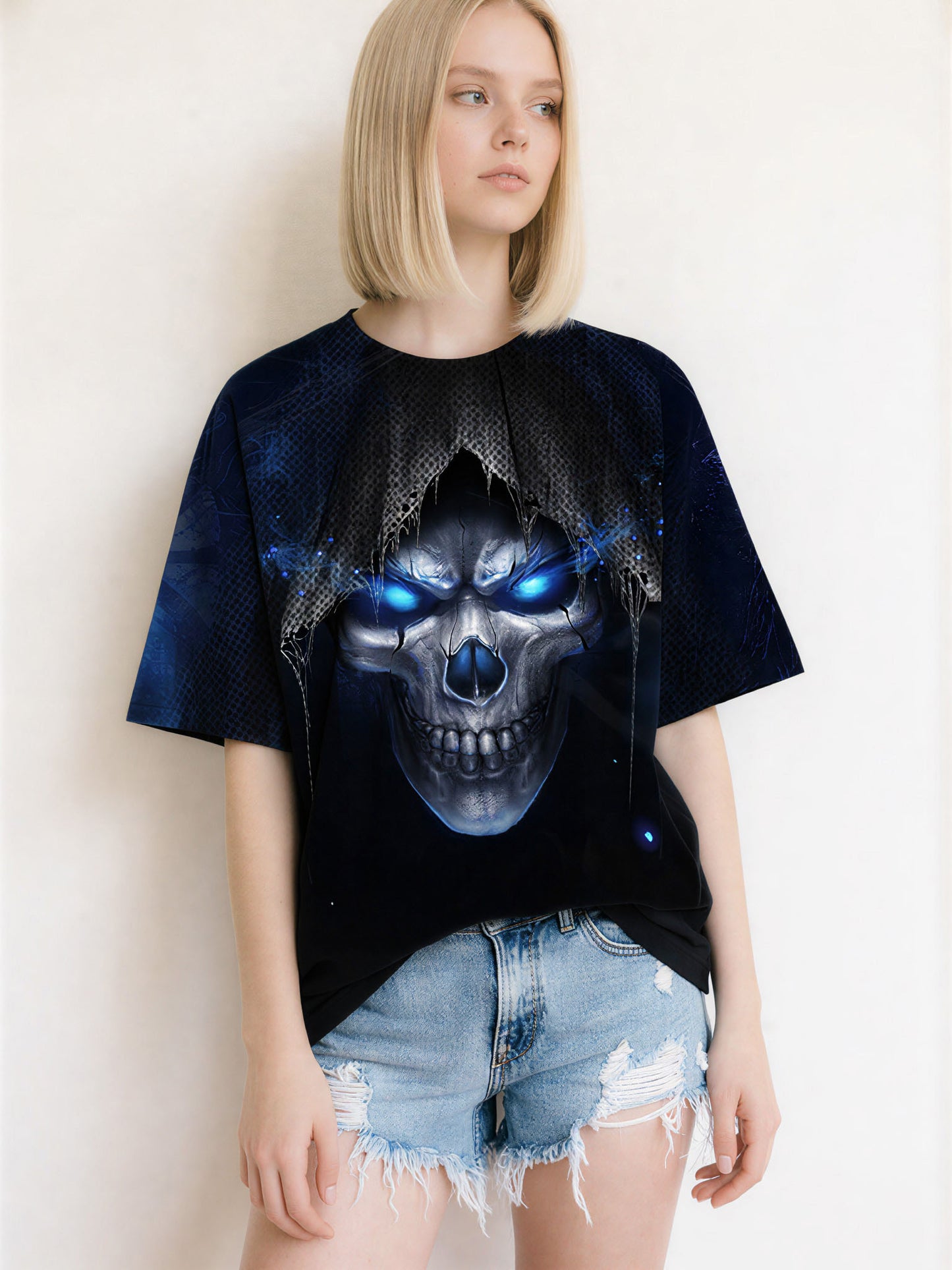 Men Women 3D All Over Print Skull T-Shirt with Glowing Blue Eyes Gothic Streetwear Design