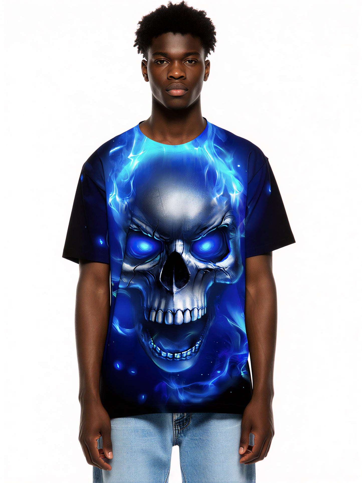 3D All Over Print Blue Flame Skull T-Shirt with Design for Men Women edgy streetwear