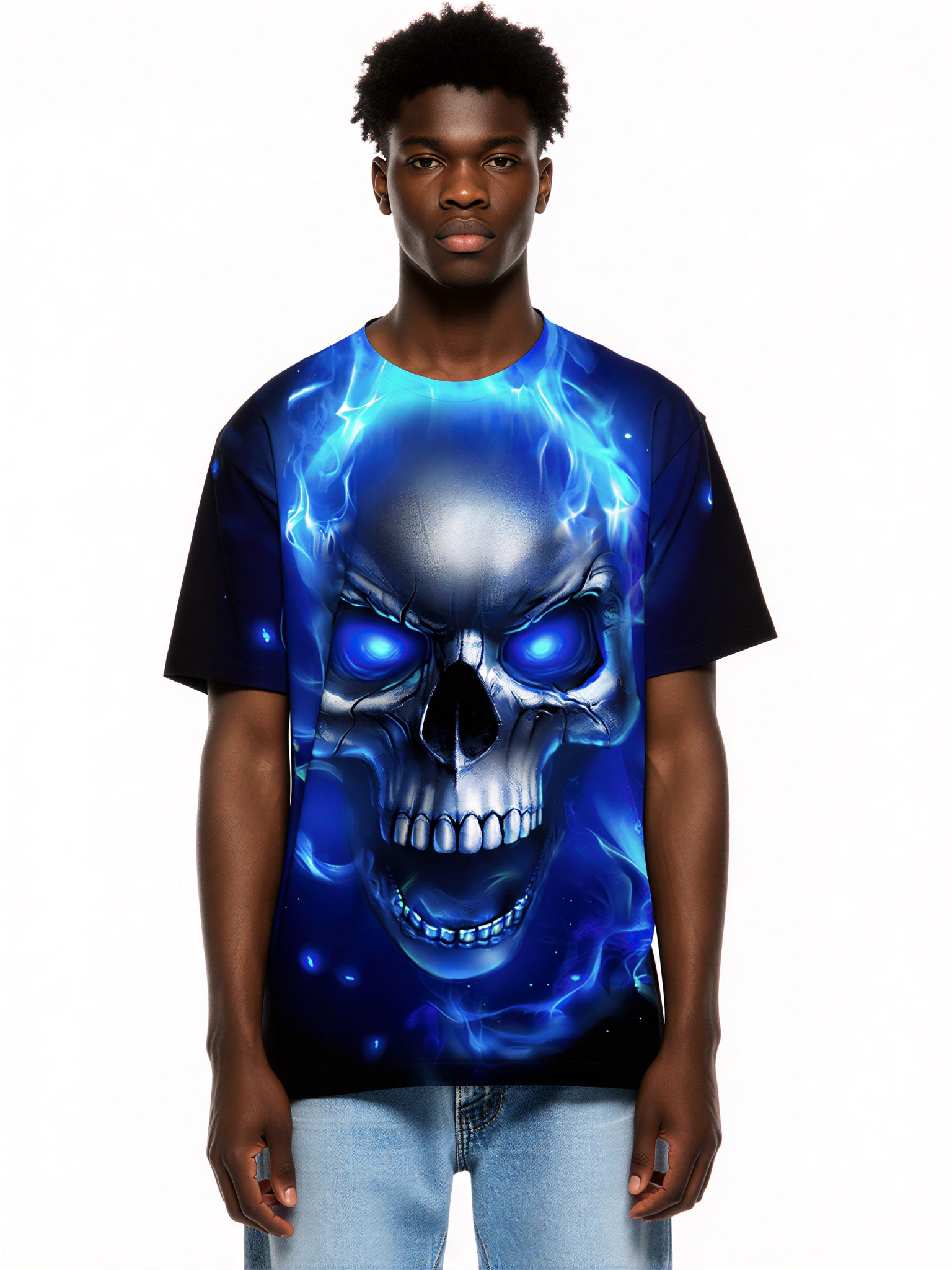 3D All Over Print Blue Flame Skull T-Shirt with Design for Men Women edgy streetwear