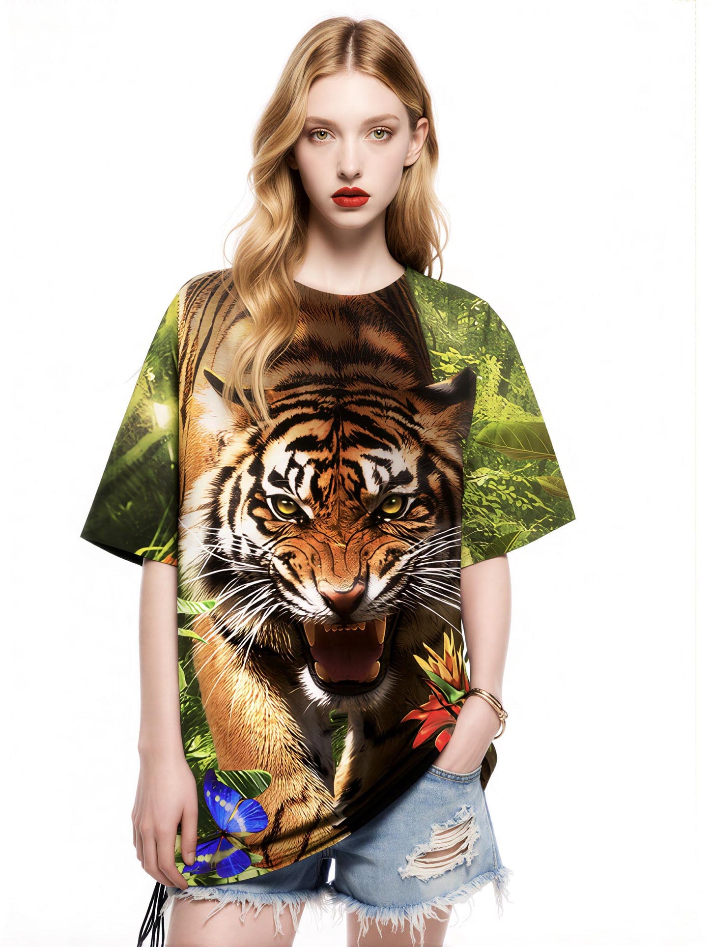 Jungle Tiger with Butterfly 3D All Over Print T-Shirt for Men Women, Wild Animal Graphic Sweatshirt Tropical Leaves
