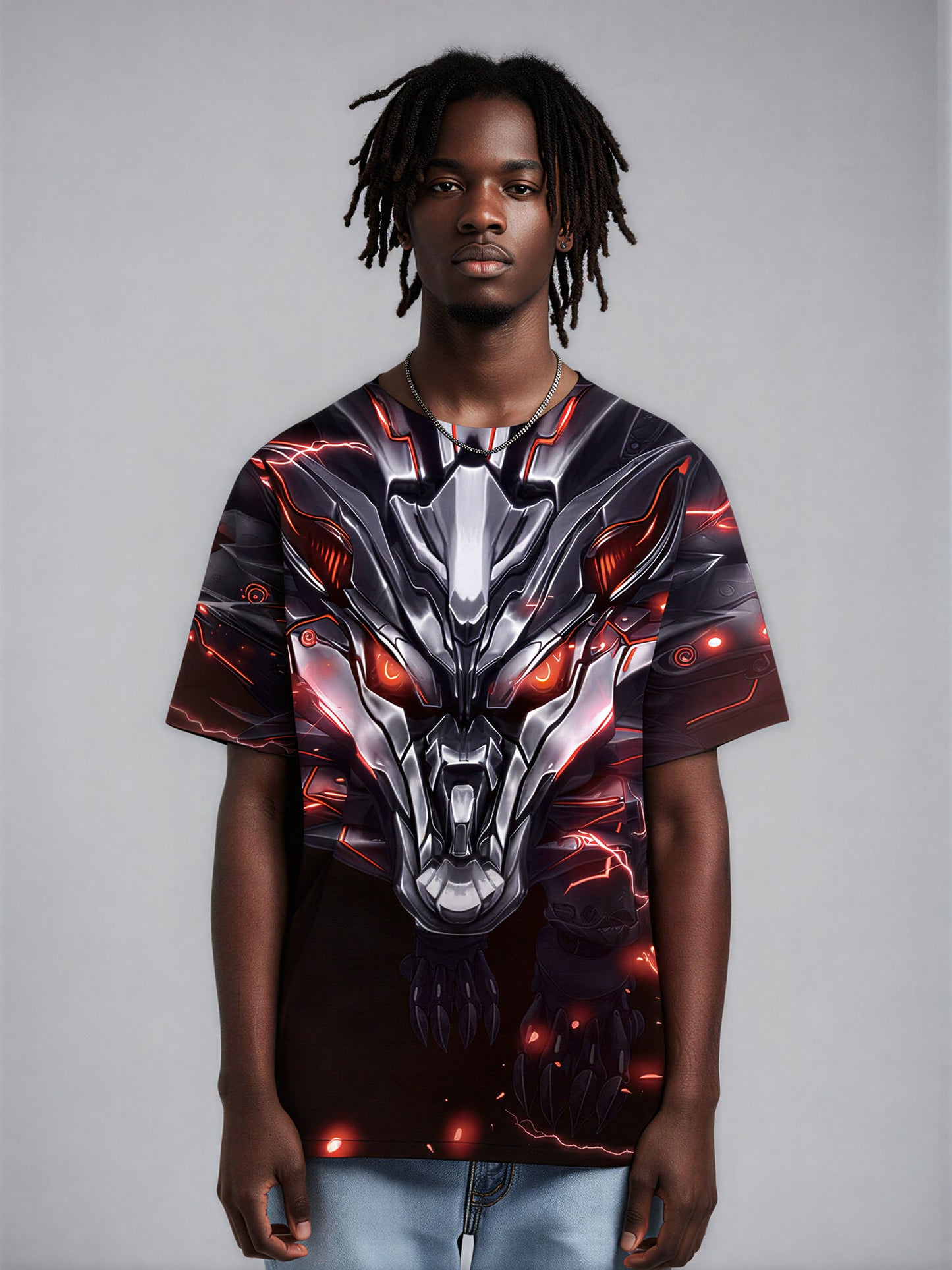 Men Women 3D All Over Print Cyber Dragon T-Shirt Sci Fi Glow Red Eyes Graphic Pullover