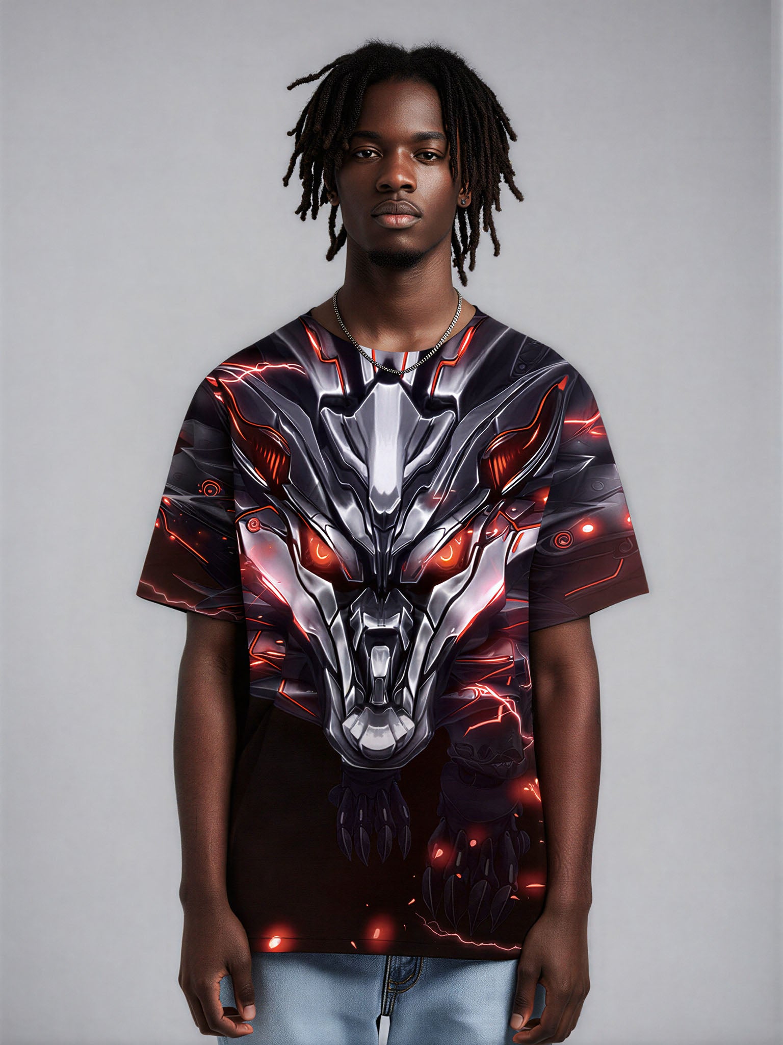 Men Women 3D All Over Print Cyber Dragon T-Shirt Sci Fi Glow Red Eyes Graphic Pullover