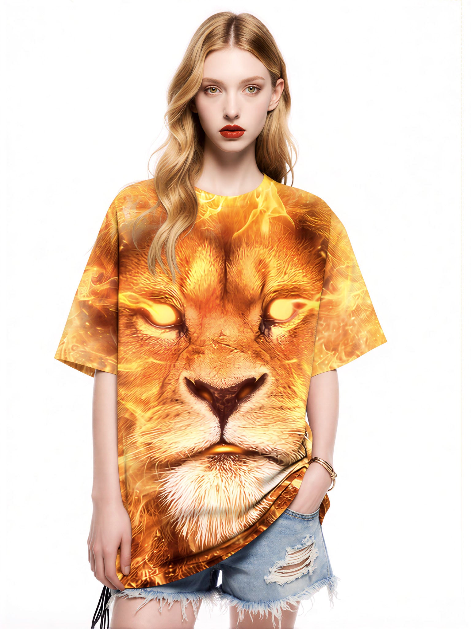 3D All Over Print Lion Fire T-Shirt for Men Women, Bold Graphic Streetwear Pullover