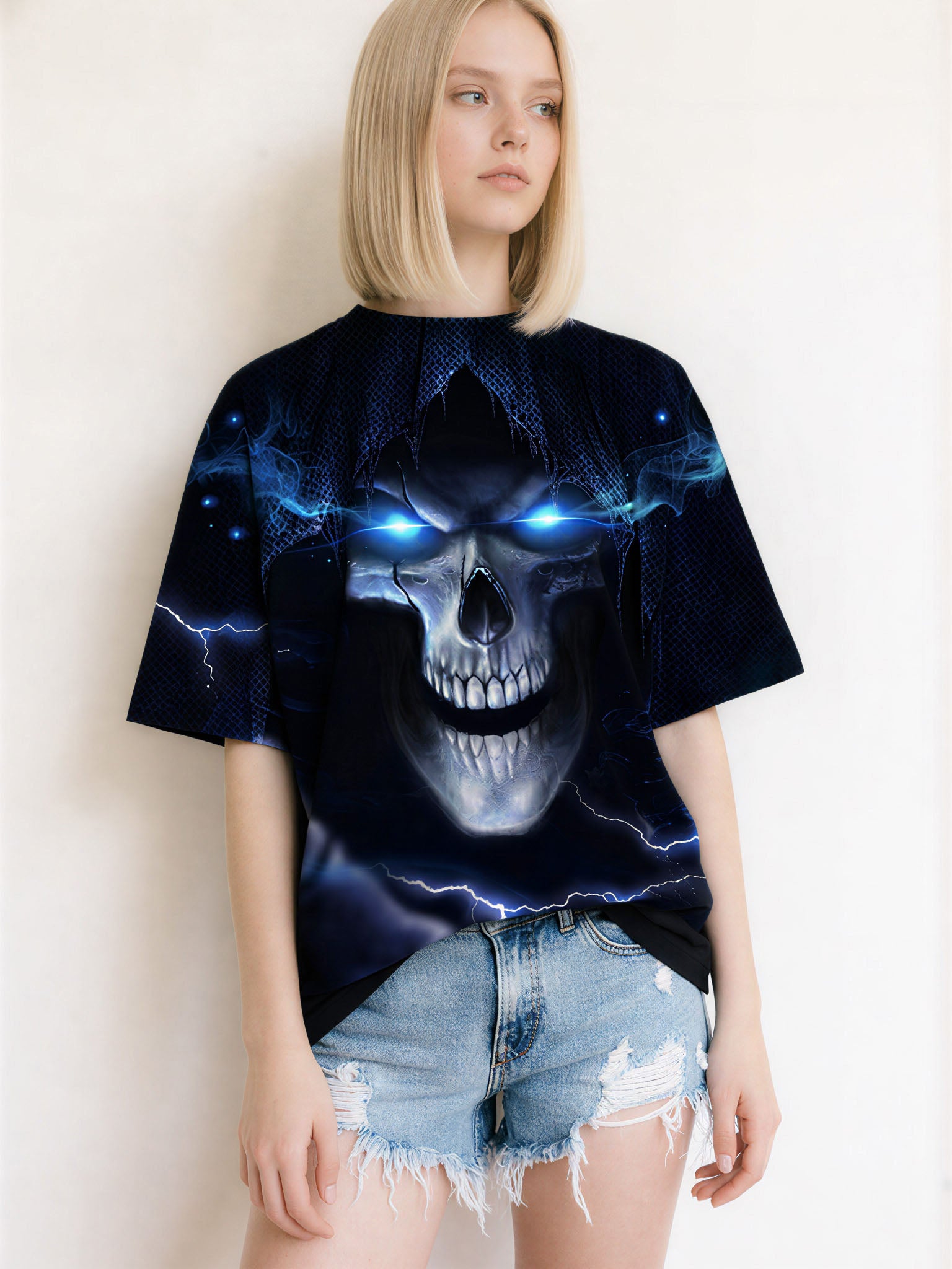 3D All Over Print Skull T-Shirt with Lightning Eyes for Men Women Gothic Streetwear