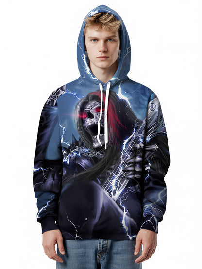 Skeleton Guitarist Hoodie with Lightning and Red Hair Design Men Women 3D All Over Print