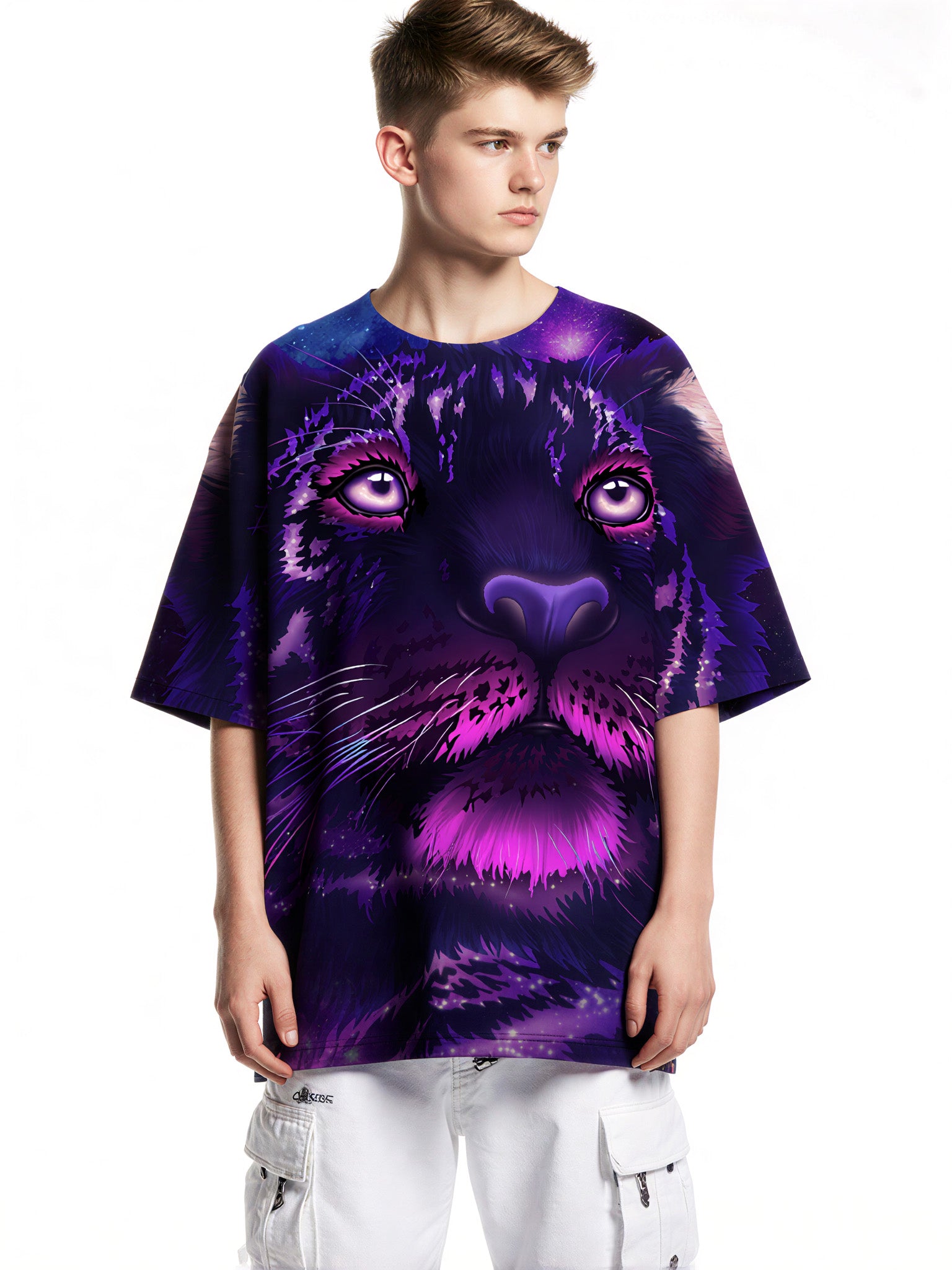 3D All Over Print T-Shirt Men Women Galaxy Panther Face Purple Cosmic Style