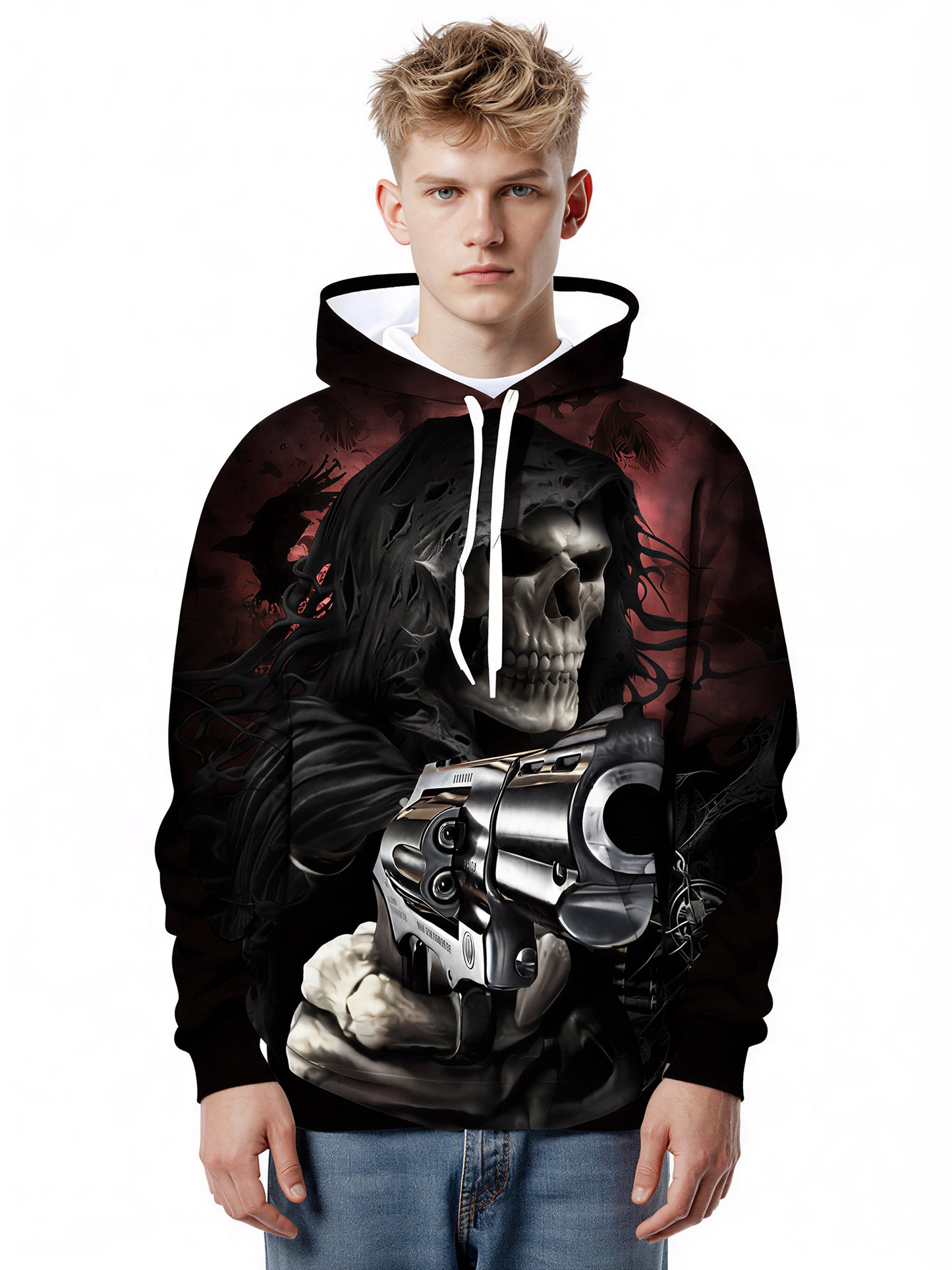 Double Guns Skull 3D All Over Print Hoodie Gothic Dark Aesthetic Streetwear for Men Women