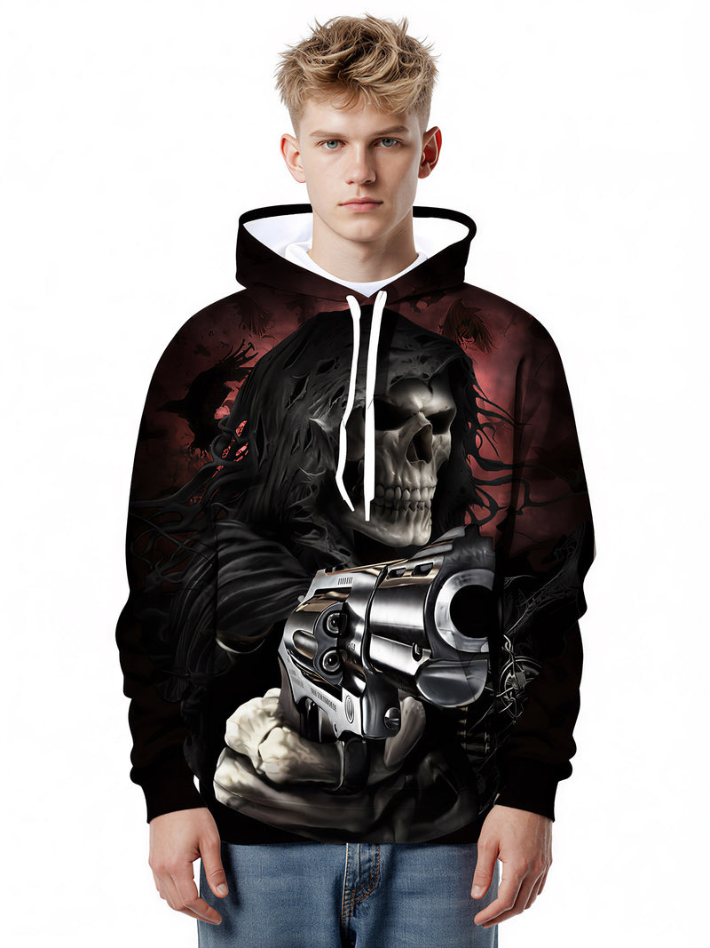 Double Guns Skull 3D All Over Print Hoodie Gothic Dark Aesthetic Streetwear for Men Women