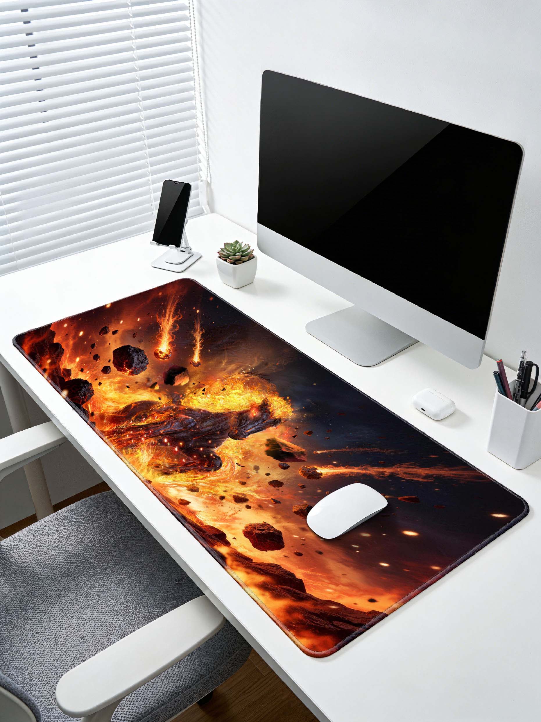 Fiery Horse Emerging From Meteor & Flame Storm Large Desk Mat
