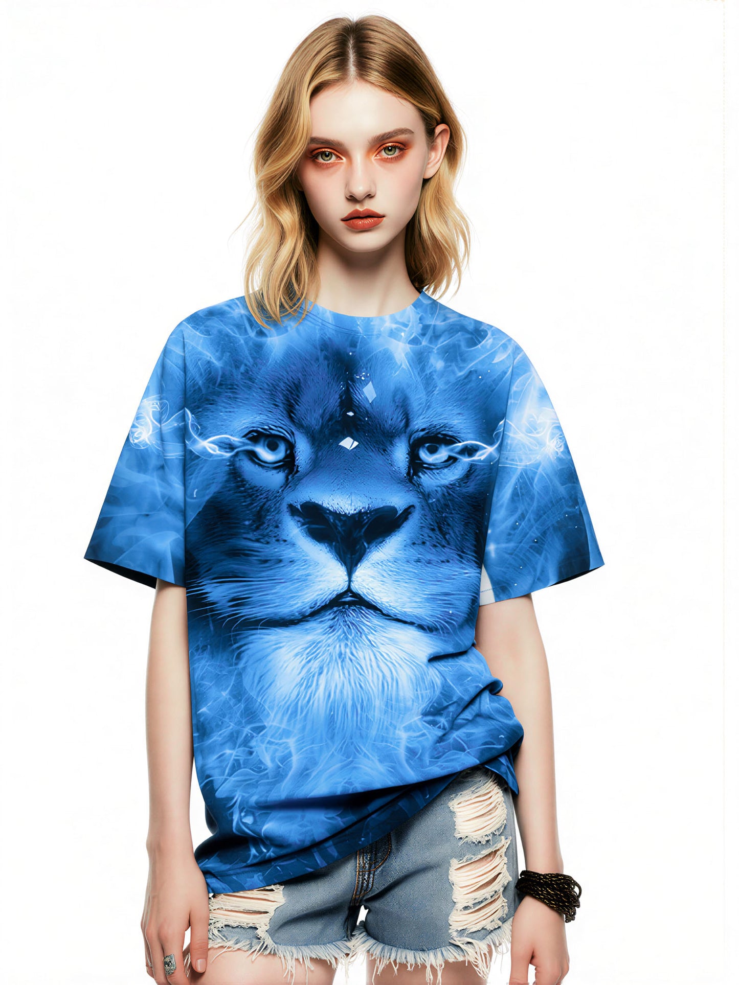 3D All Over Print Lion T-Shirt for Men Women Blue Flame Art Style