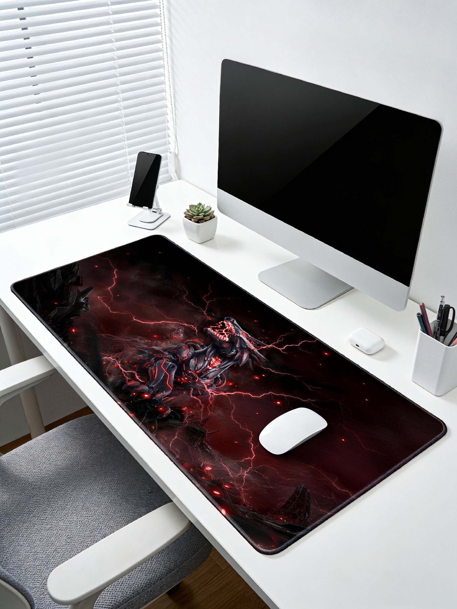 Cybernetic Red Wolf With Lightning In Ruins Large Desk Mat