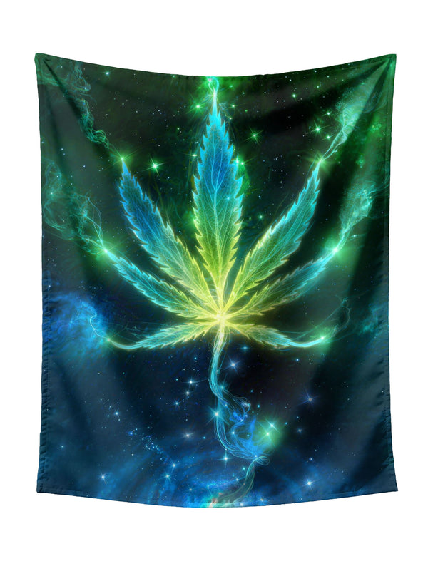 Glowing Cannabis Leaf with Cosmic Nebula & Sparkling Stars Tapestry - Psychedelic Trippy Wall Hanging for Bold Home Decor