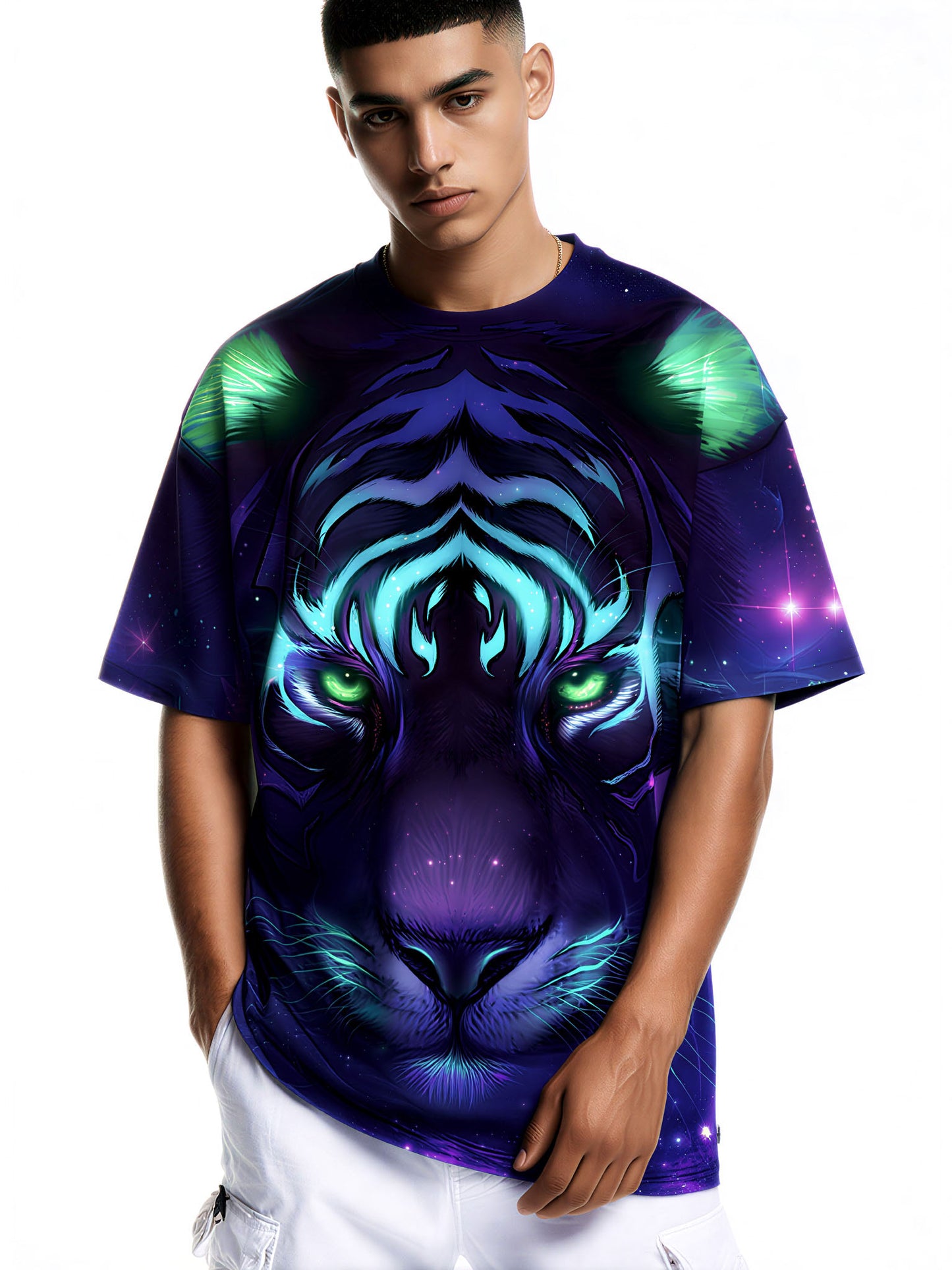 3D All Over Print Galaxy Tiger T-Shirt for Men Women, Cosmic Space Design, Vibrant Blue Purple Neon Style