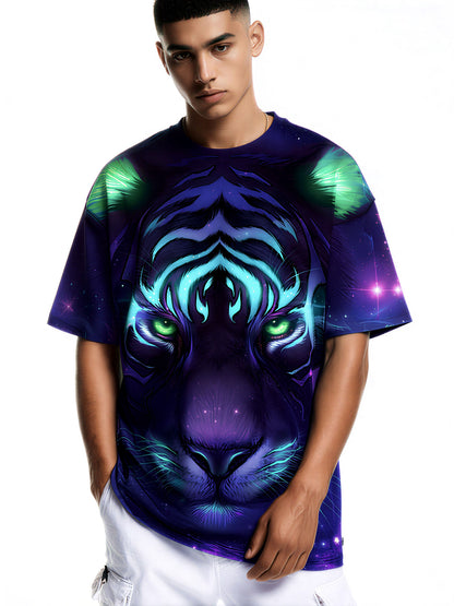 3D All Over Print Galaxy Tiger T-Shirt for Men Women, Cosmic Space Design, Vibrant Blue Purple Neon Style
