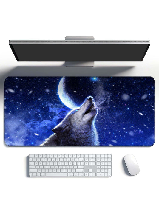 Howling Wolf Under Moon And Starry Sky Extended Desk Mat