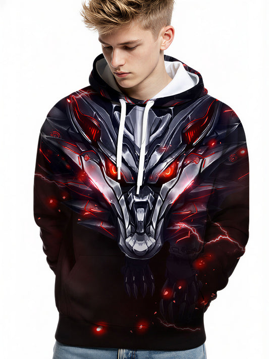 Men Women 3D All Over Print Dragon Hoodie with Red Lightning Glow Design