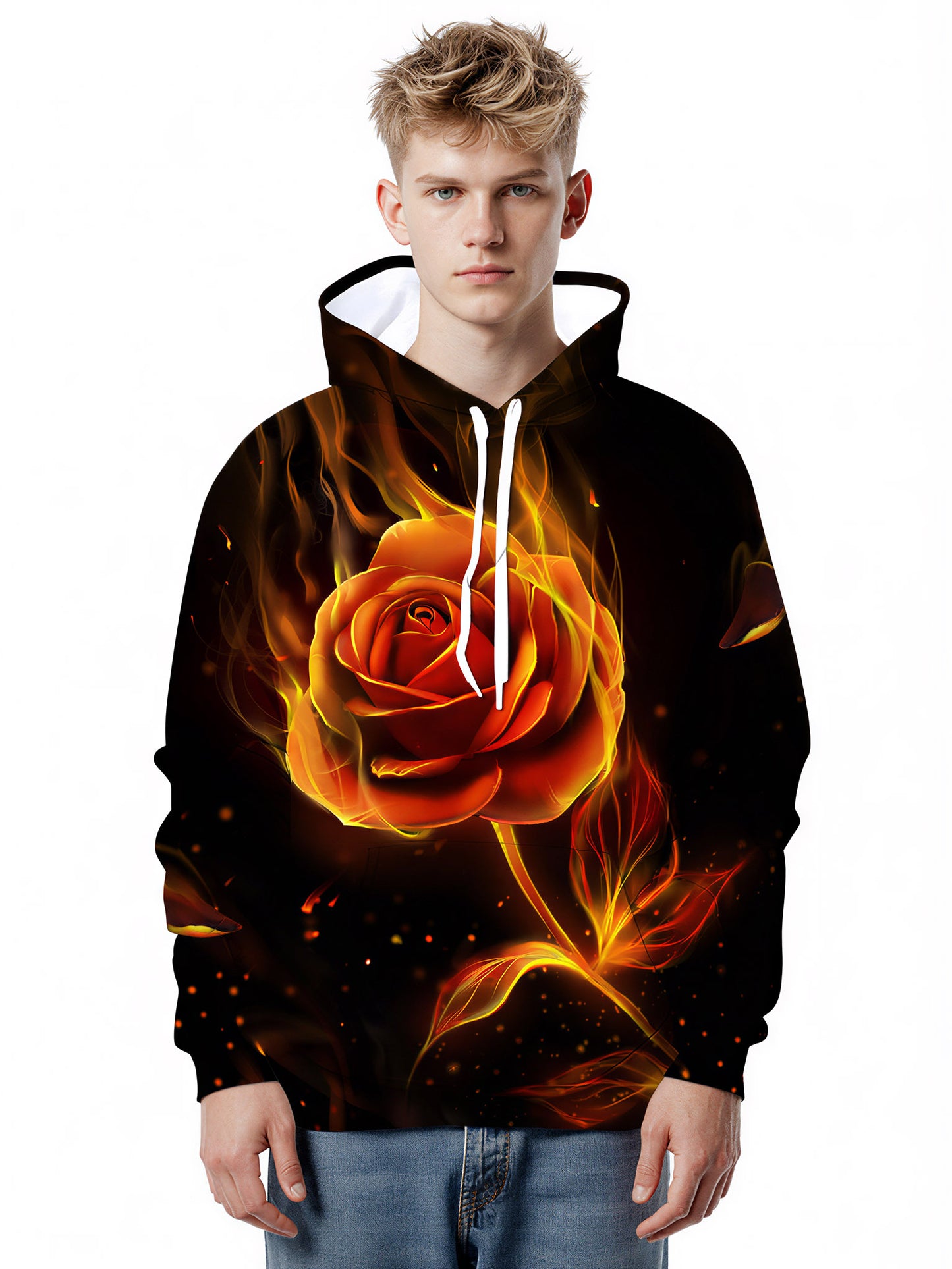 Flaming Rose 3D All Over Print Hoodie for Men Women, Fire Flower Graphic Pullover Sweatshirt