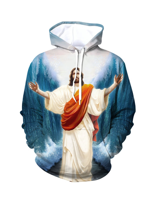 Hoodie 3D All Over Print Jesus On Waves Unisex Streetwear Cotton Blend Comfortable Fit
